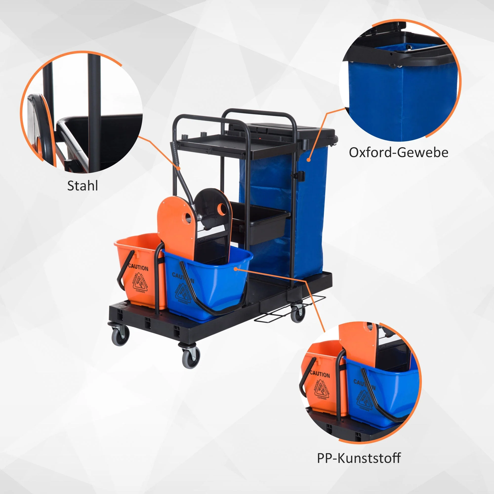 Cleaning Trolley 4-Wheel System Professional Cleaning 111x63.3x103cm, Black/Blue/Orange - Image 4