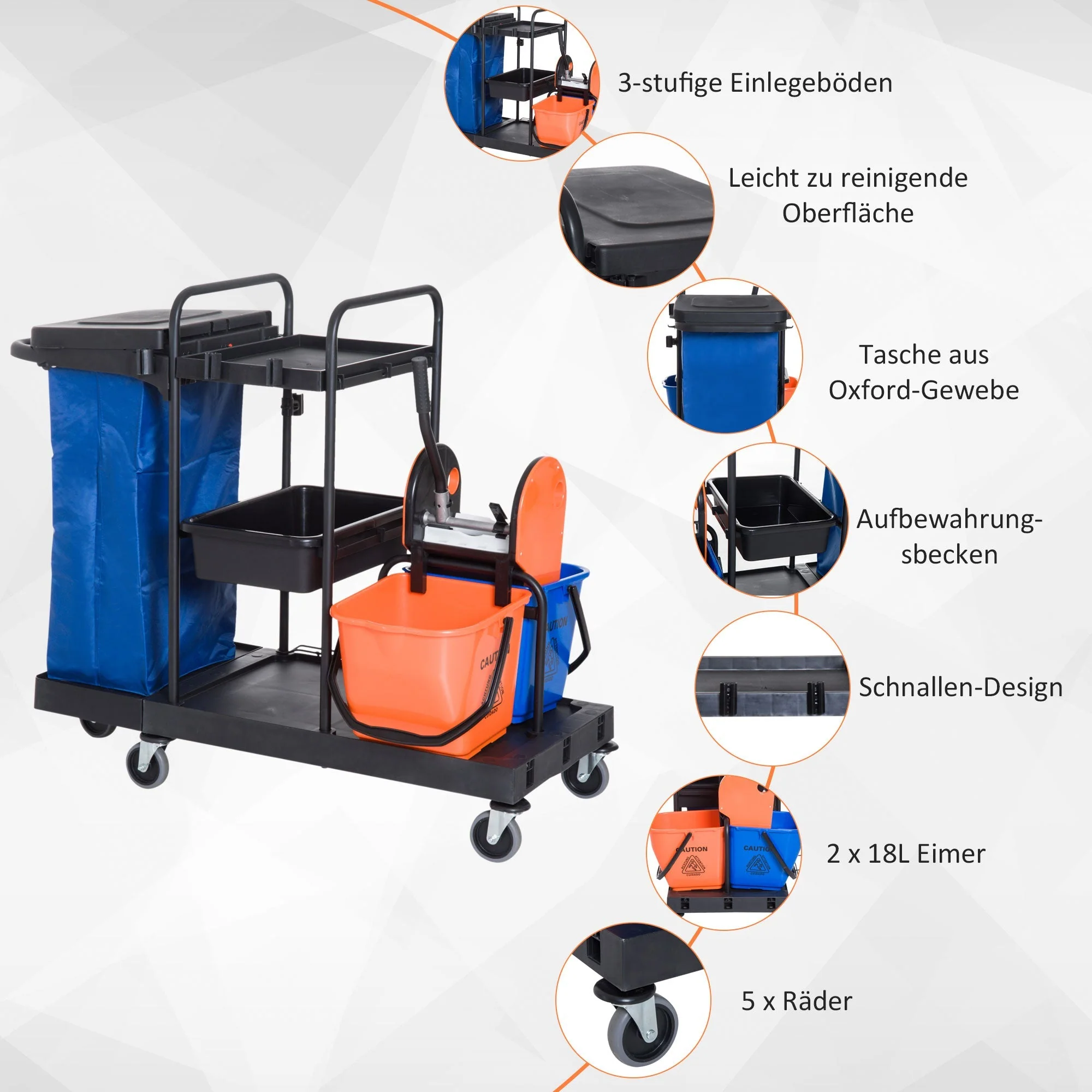 Cleaning Trolley 4-Wheel System Professional Cleaning 111x63.3x103cm, Black/Blue/Orange - Image 5