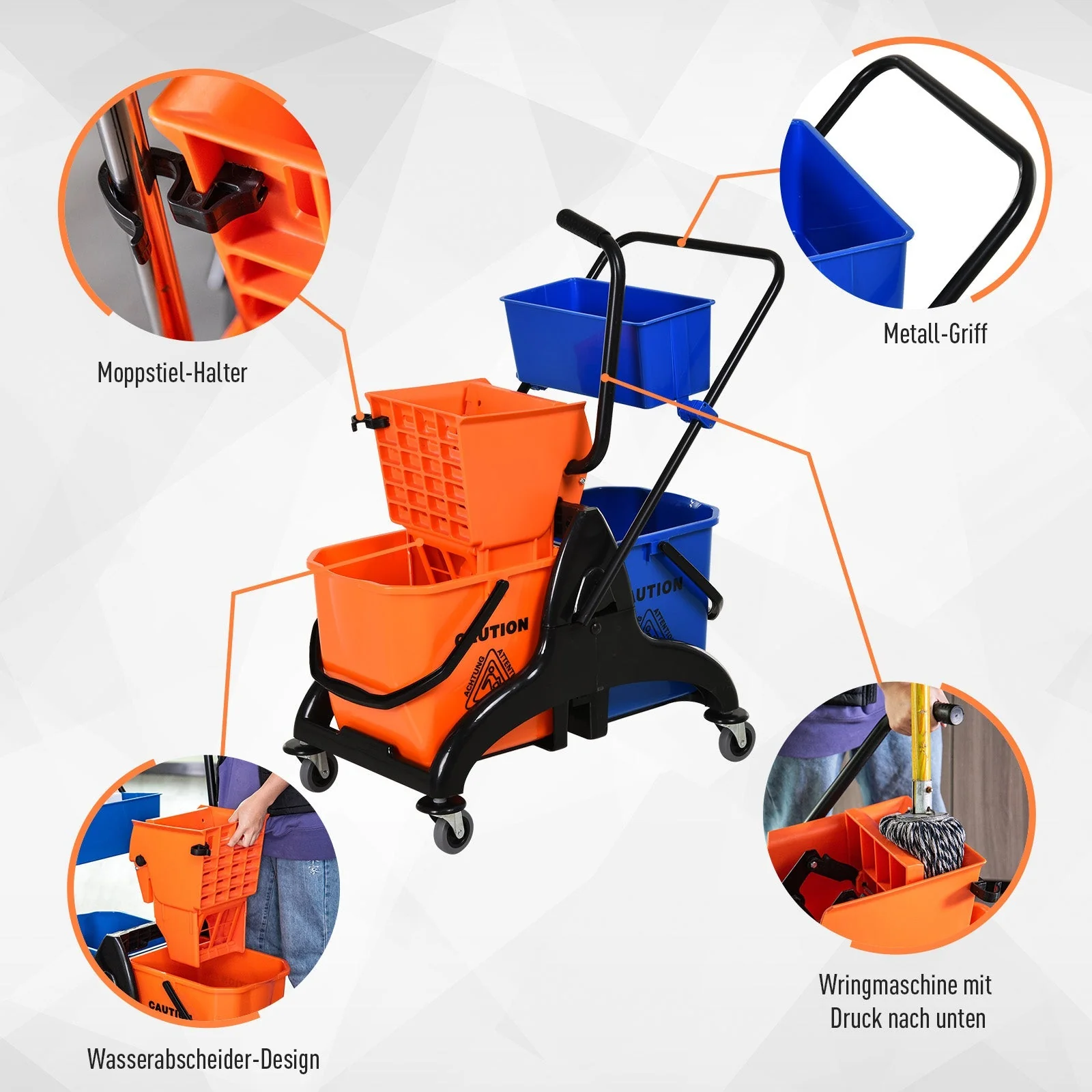 Cleaning Trolley Professional Jaw Press 2 Buckets Storage, Orange Blue - Image 6
