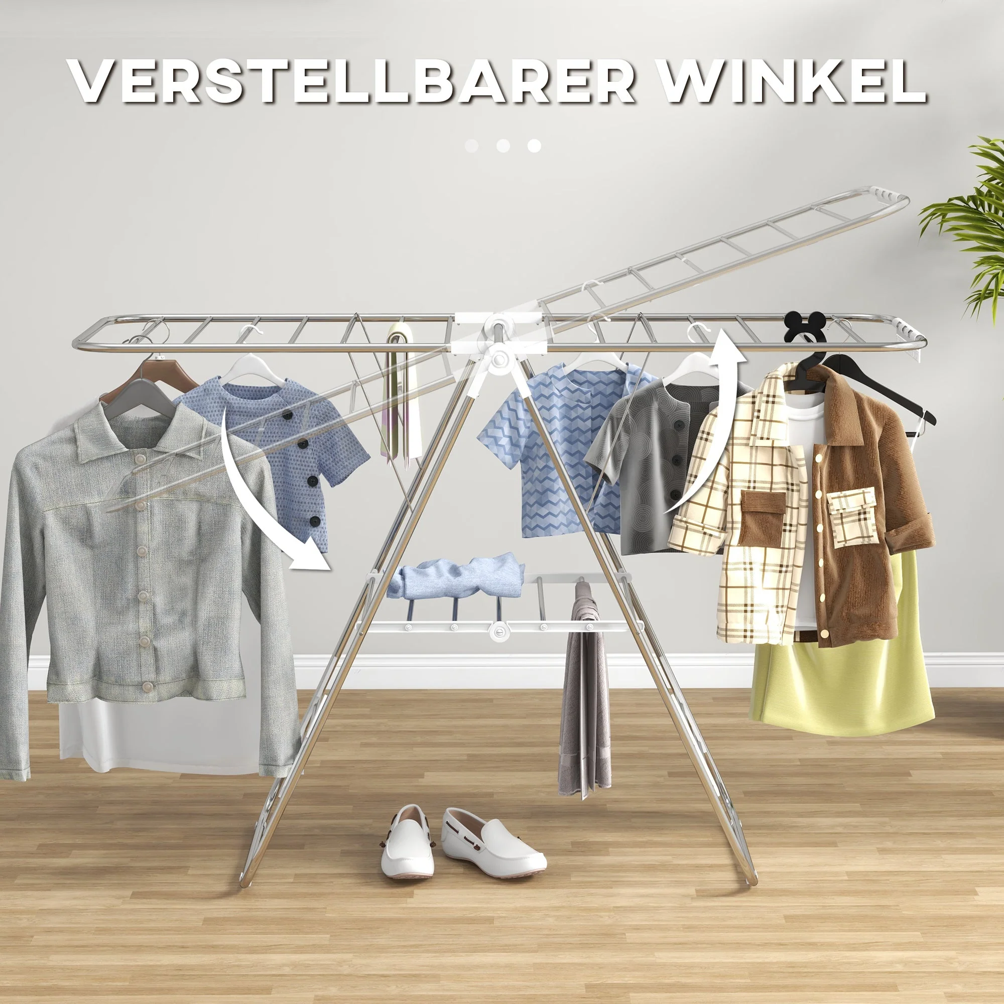 Clothes Airer, Foldable Portable with Telescopic Poles, Stainless Steel and Plastic, Silver and White - Image 5