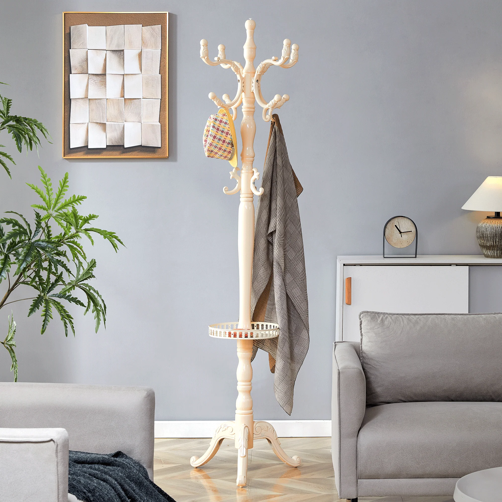 Clothes Rack European Solid Wood Multiple Hooks - Creamy White