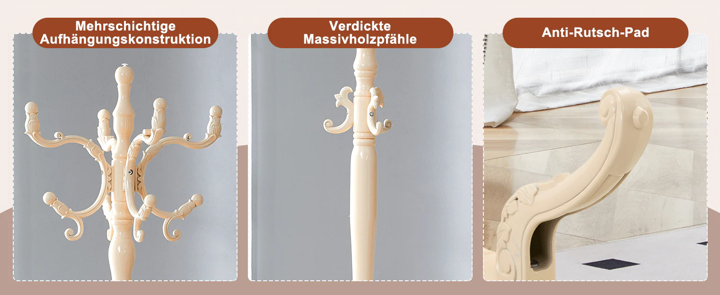 Clothes Rack European Solid Wood Multiple Hooks - Creamy White - Image 10