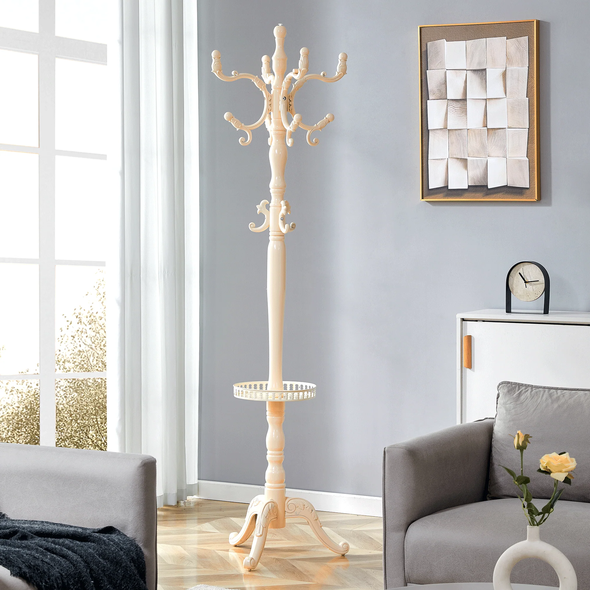 Clothes Rack European Solid Wood Multiple Hooks - Creamy White - Image 2