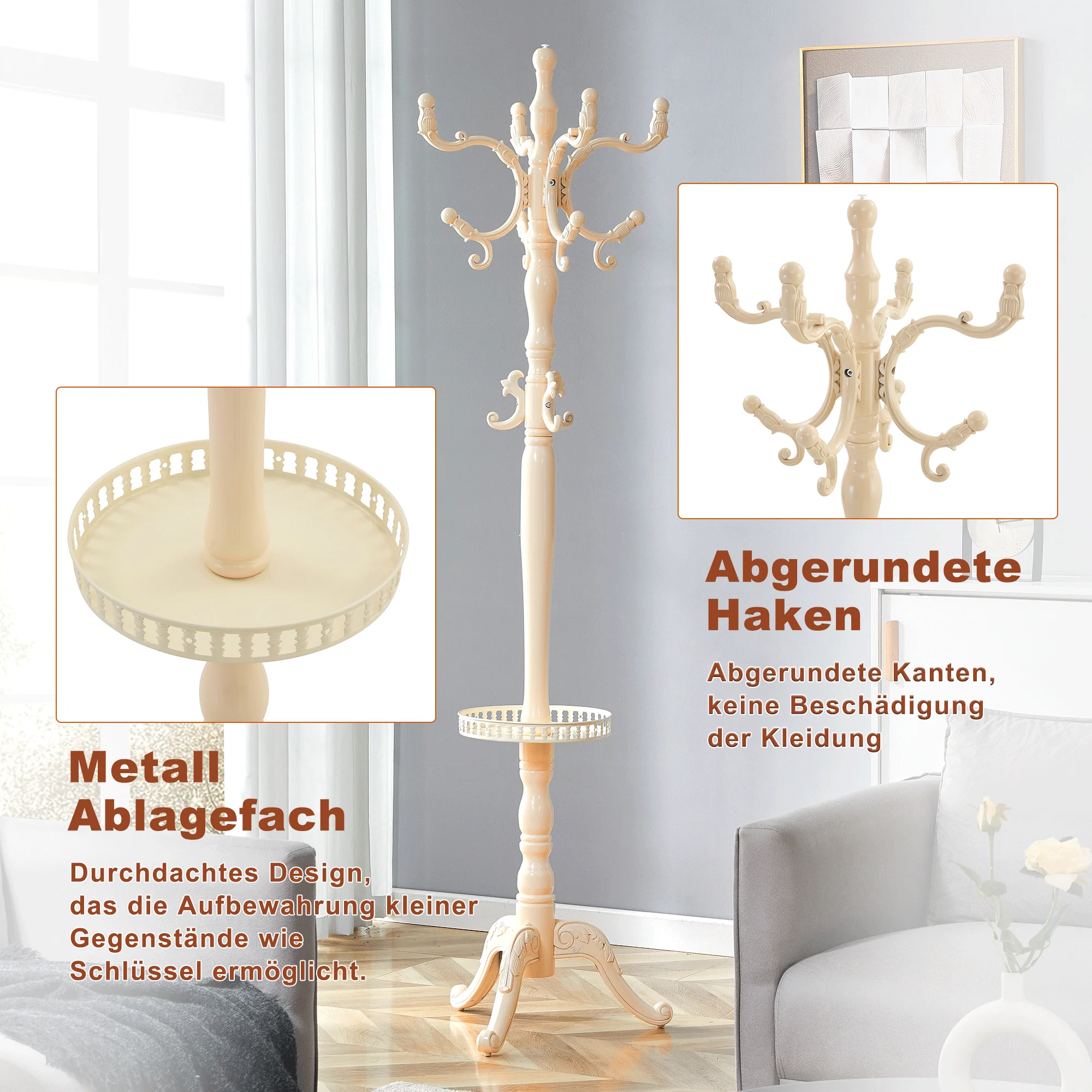 Clothes Rack European Solid Wood Multiple Hooks - Creamy White - Image 6