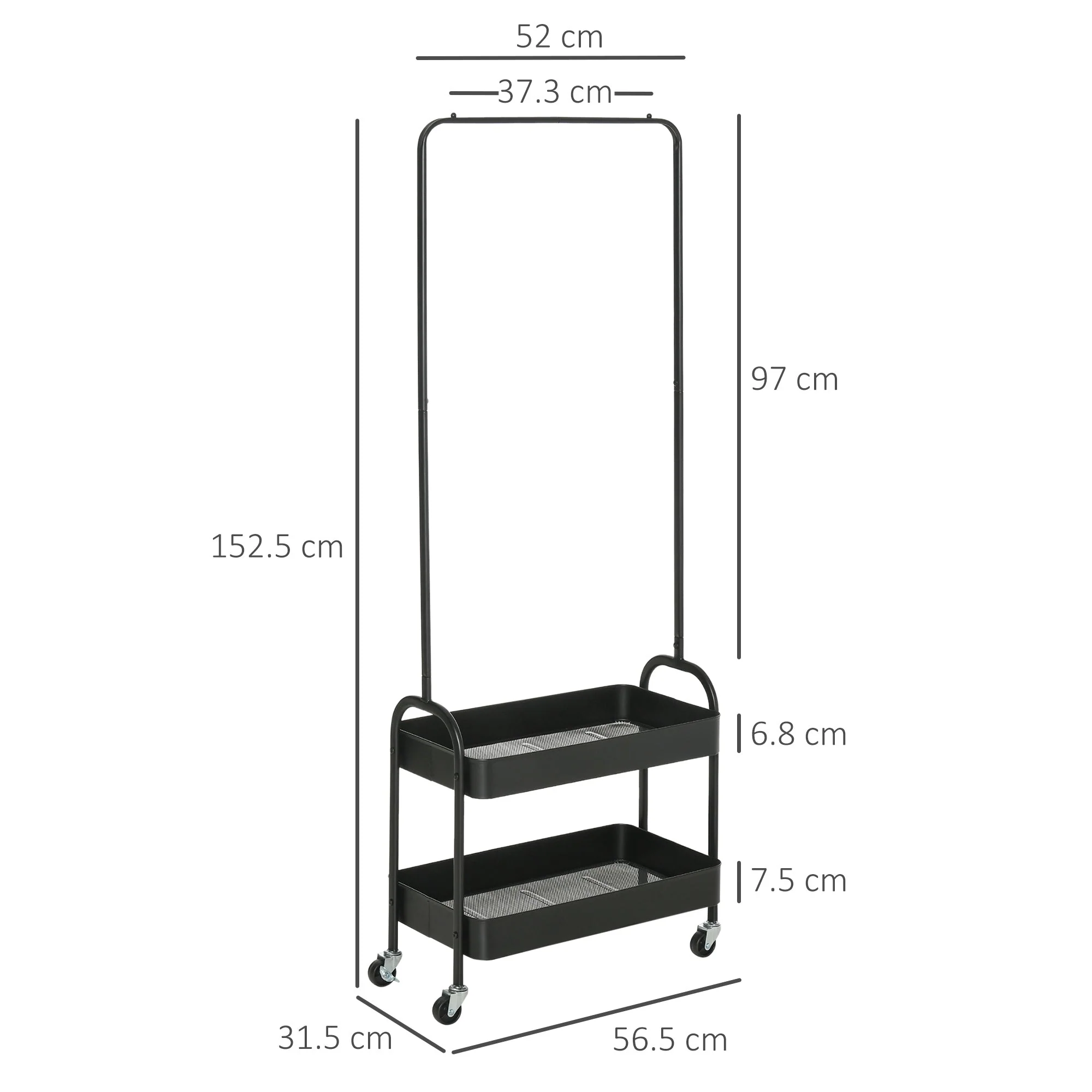 Clothes Rack, Wheels, Coat Rail, Shoe Rack, 16 kg Load Capacity, Black - Image 3