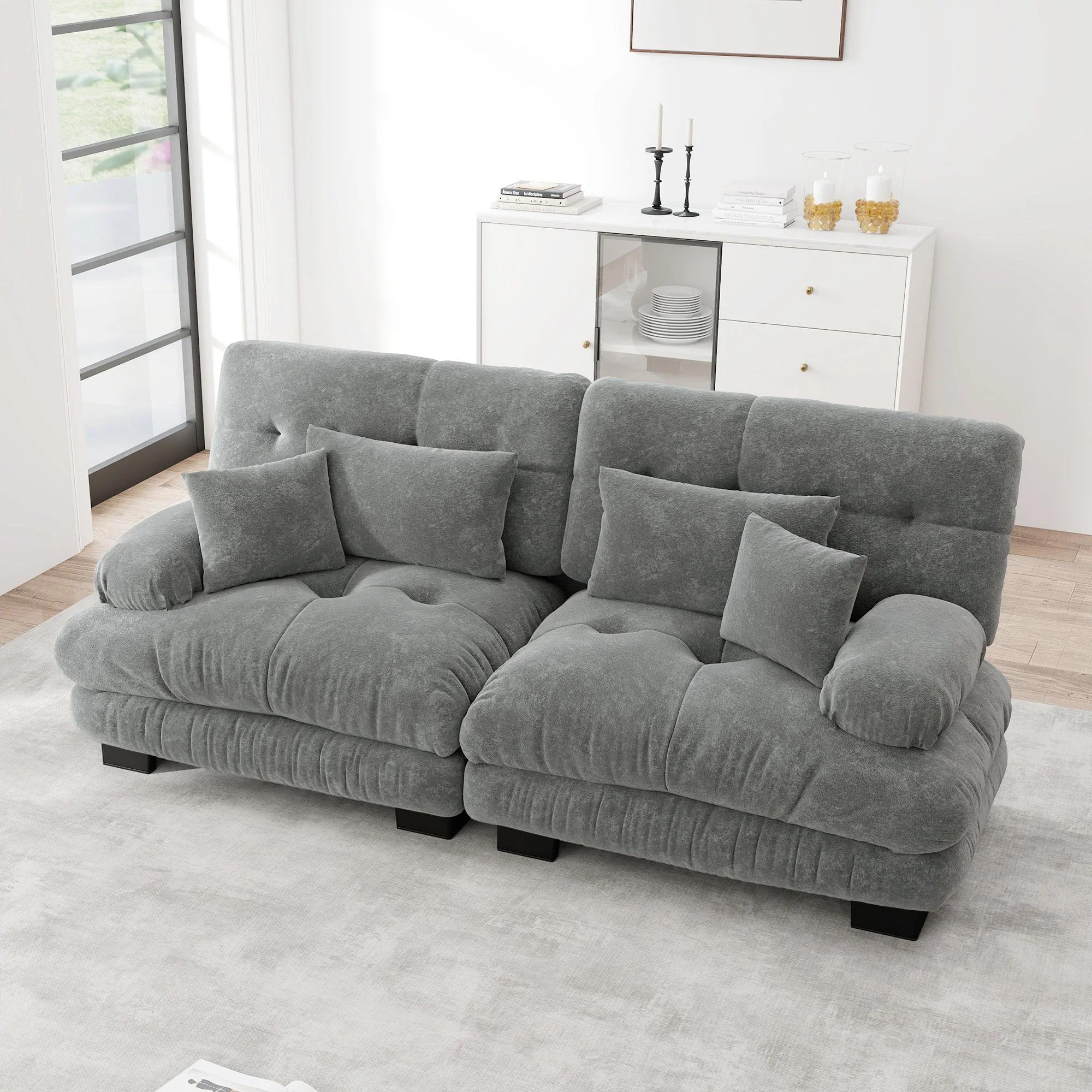 Cloud Corner Sofa, Double with Lumbar & Decorative Cushions, Chenille Grey - Image 2