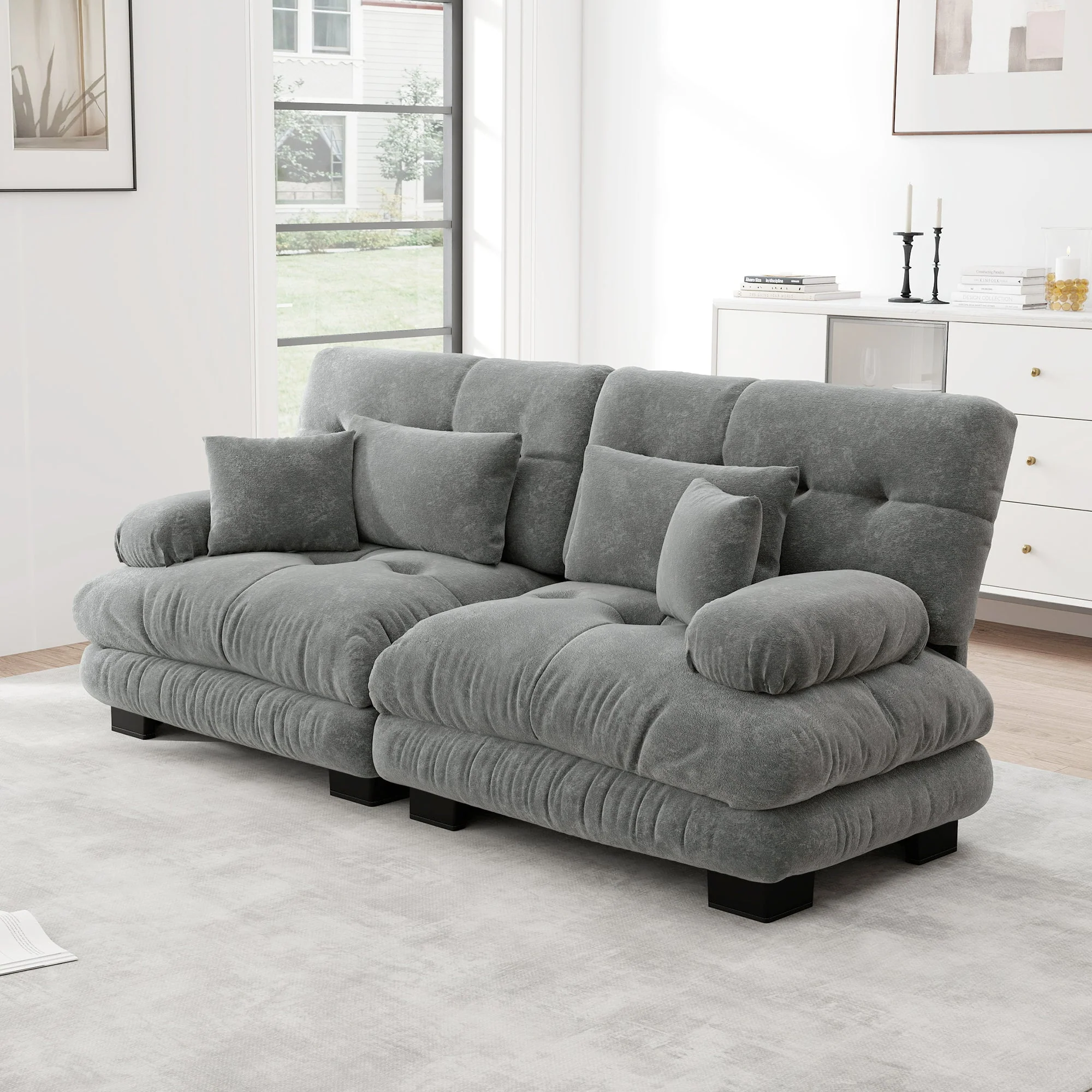 Cloud Corner Sofa, Double with Lumbar & Decorative Cushions, Chenille Grey - Image 3