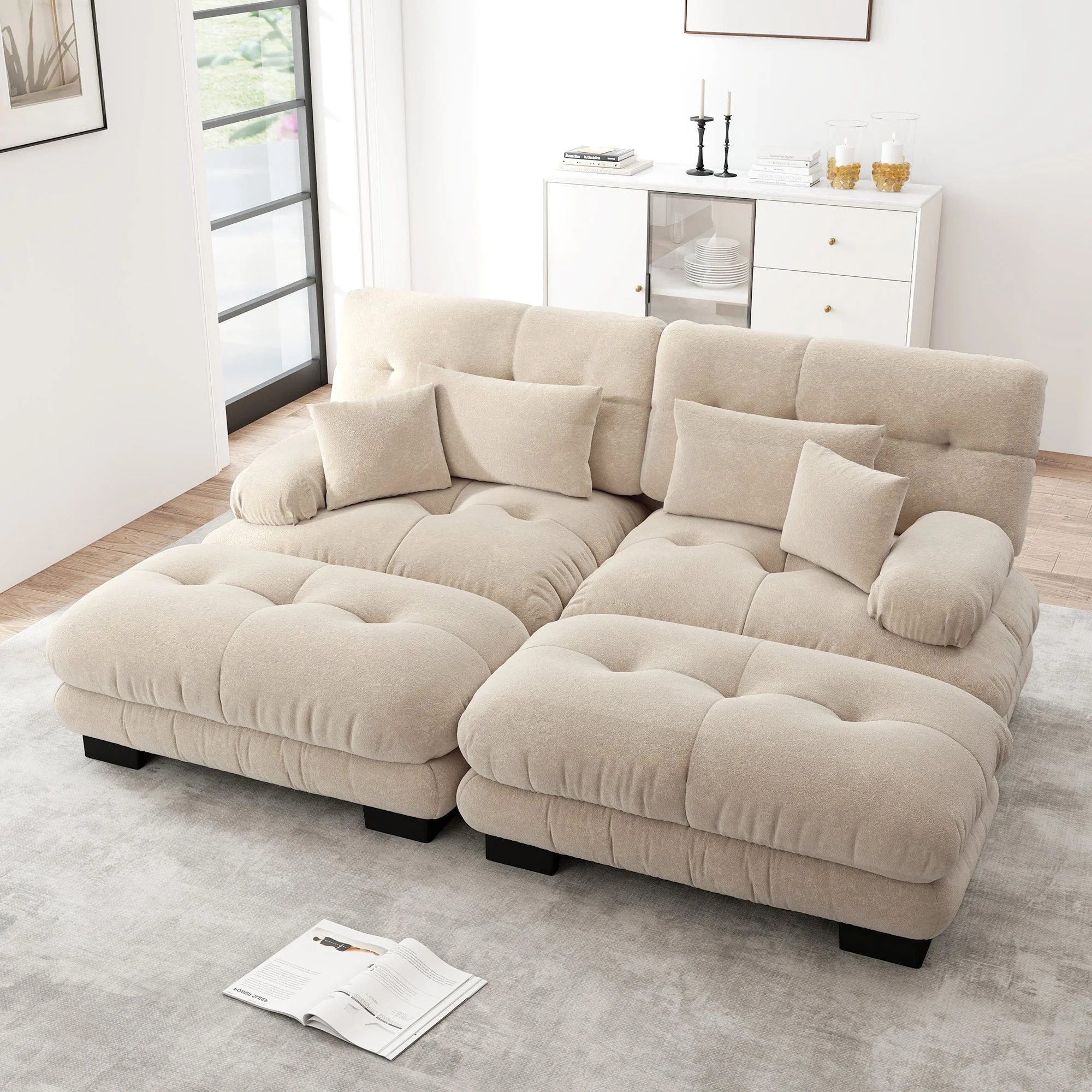 Cloud Corner Sofa, Double with Lumbar & Decorative Pillows, Ottomans, Chenille Light Brown - Image 2