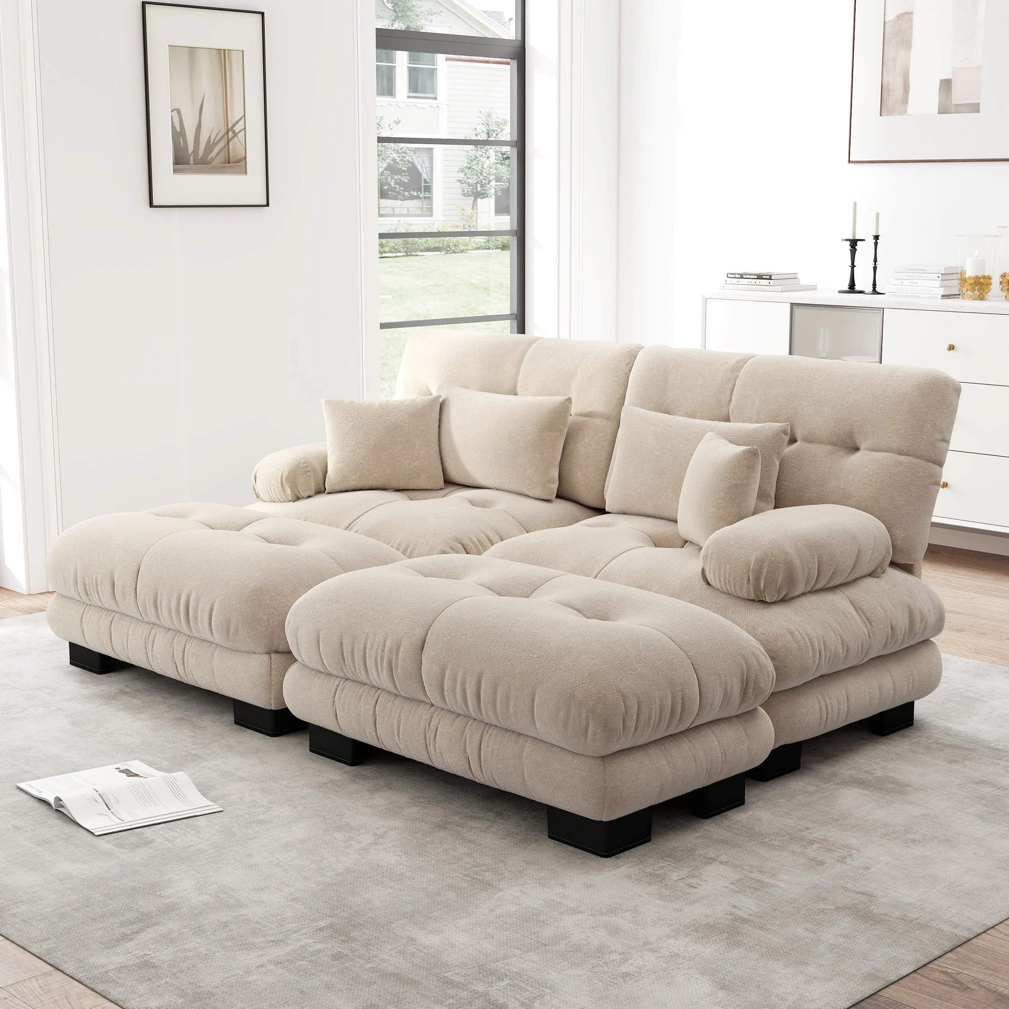 Cloud Corner Sofa, Double with Lumbar & Decorative Pillows, Ottomans, Chenille Light Brown - Image 3