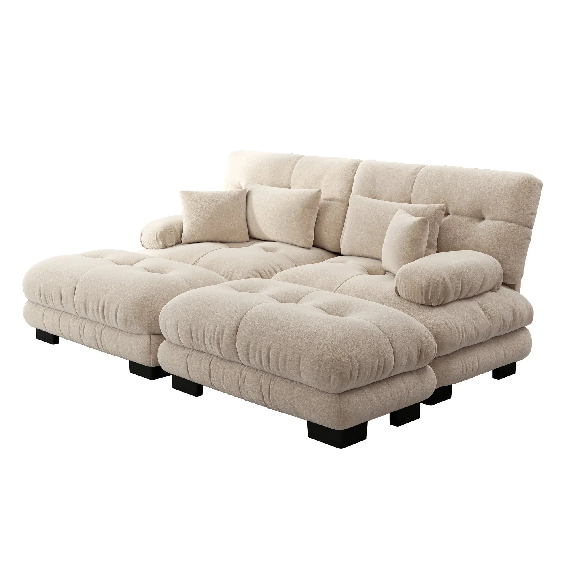 Cloud Corner Sofa, Double with Lumbar & Decorative Pillows, Ottomans, Chenille Light Brown - Image 6