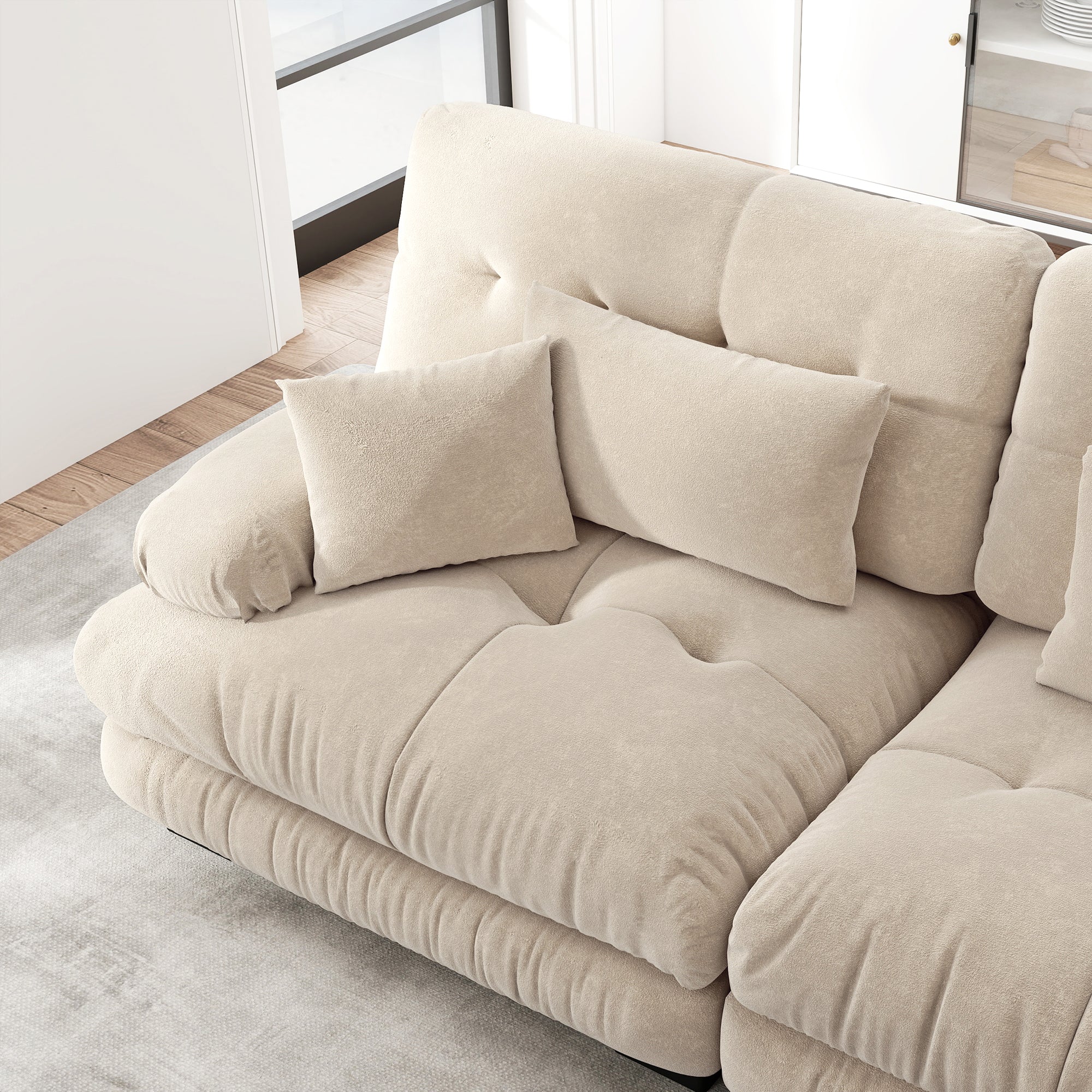 Cloud Corner Sofa, Double with Lumbar & Decorative Pillows, Ottomans, Chenille Light Brown - Image 7