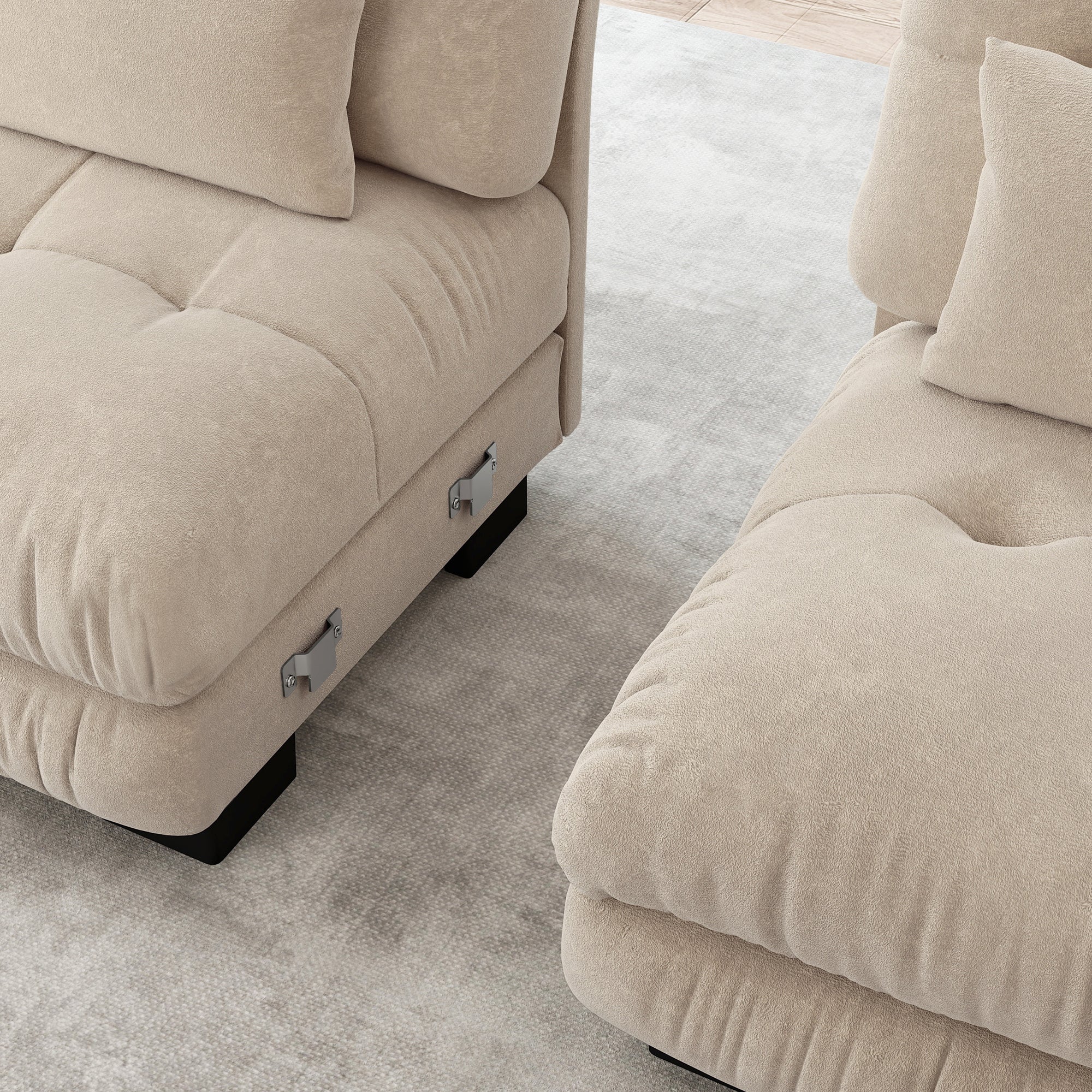 Cloud Corner Sofa, Double with Lumbar & Decorative Pillows, Ottomans, Chenille Light Brown - Image 8