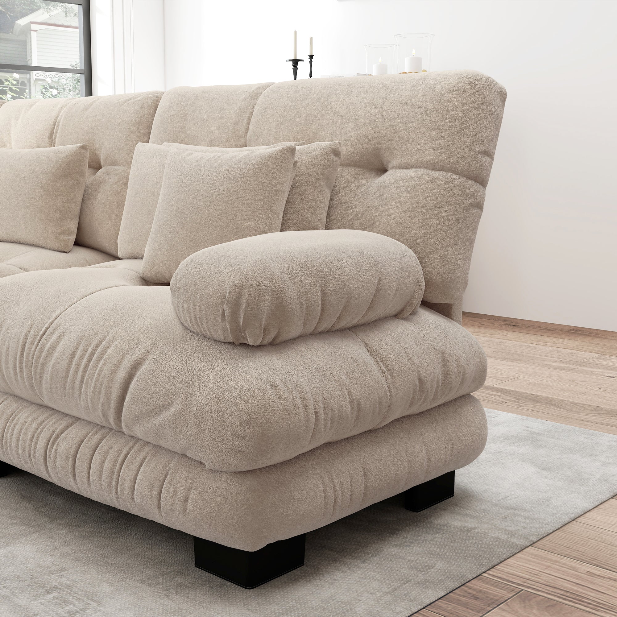 Cloud Corner Sofa, Double with Lumbar & Decorative Pillows, Ottomans, Chenille Light Brown - Image 9
