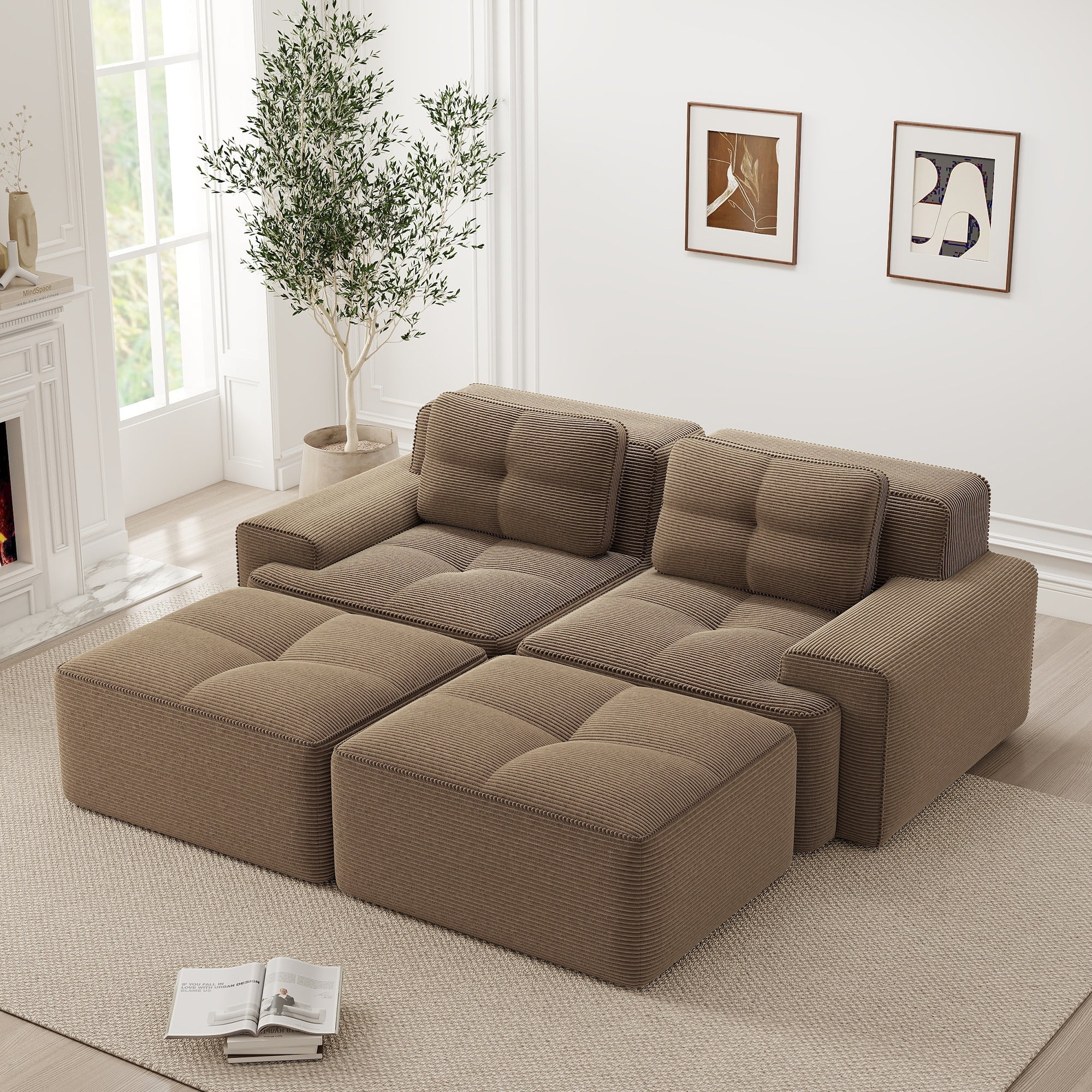 Cloud Modular Sofa U-Shaped Ottoman 2-Seater Deep Seat - Corduroy Brown - Image 3