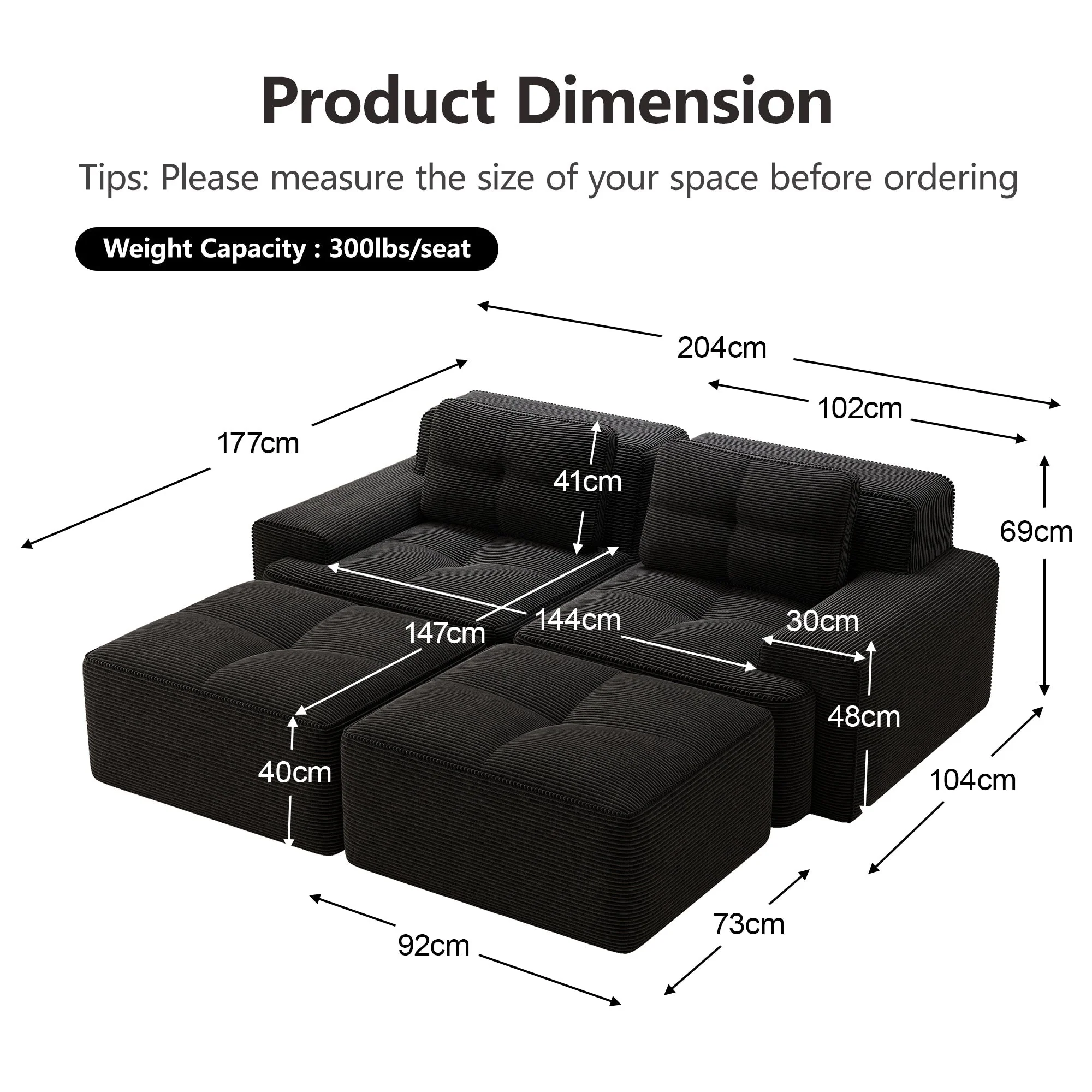 Cloud Modular Sofa U-shaped Ottoman Deep Seat - Corduroy Black - Image 7