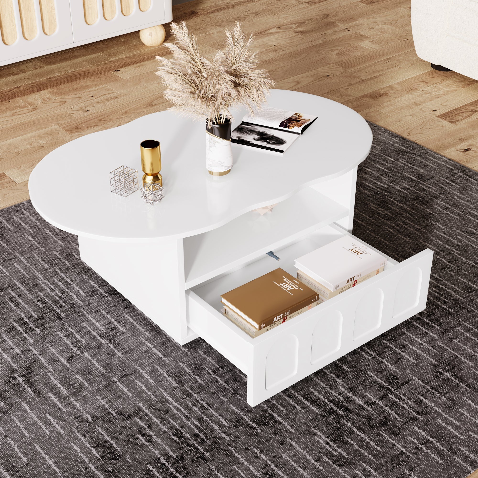 Cloud-Shaped Coffee Table with Drawer and Storage Compartments - Image 6