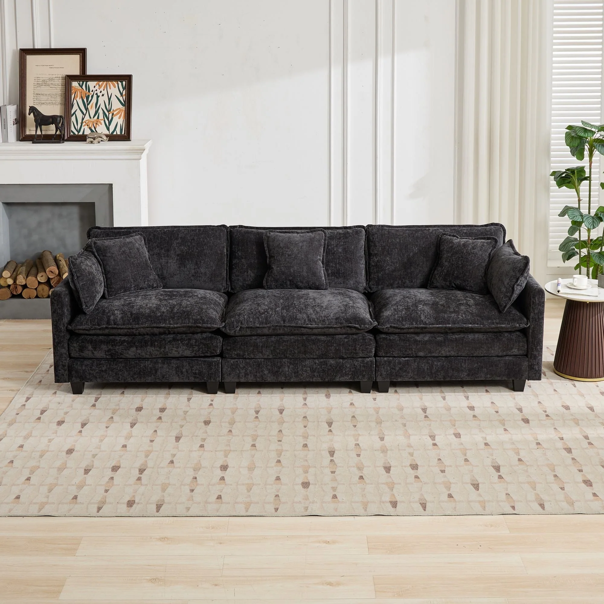 Cloud Sofa 3 Seater Modern Sectional Couch with Double Layer Upholstered Cushion, Black Chenille Fabric - Image 3