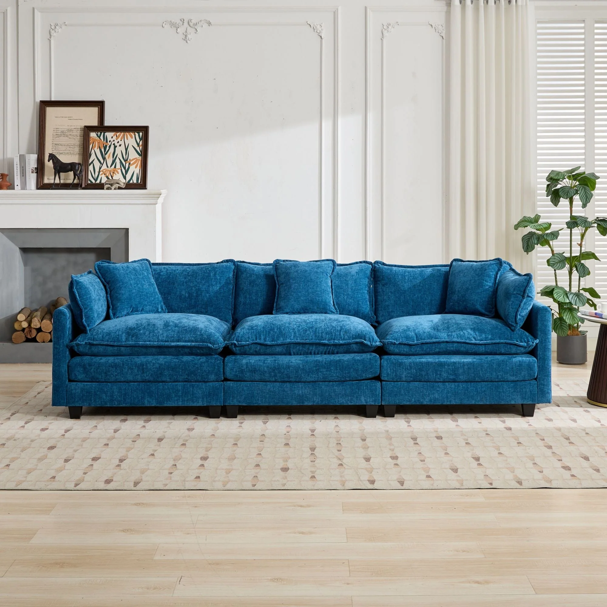 Cloud Sofa 3 Seats Modern Sectional Couch with Double Layer Upholstered Cushion, Blue Chenille Fabric - Image 2