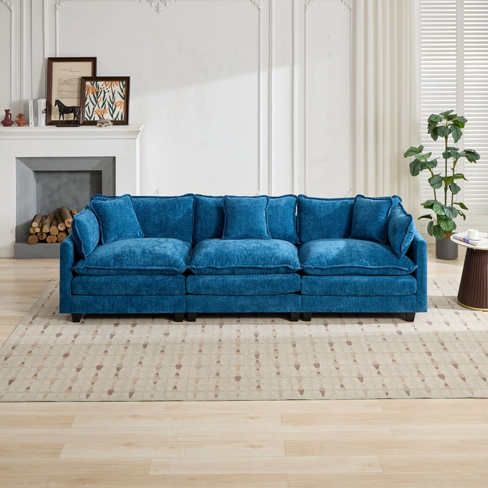 Cloud Sofa 3 Seats Modern Sectional Couch with Double Layer Upholstered Cushion, Blue Chenille Fabric - Image 3