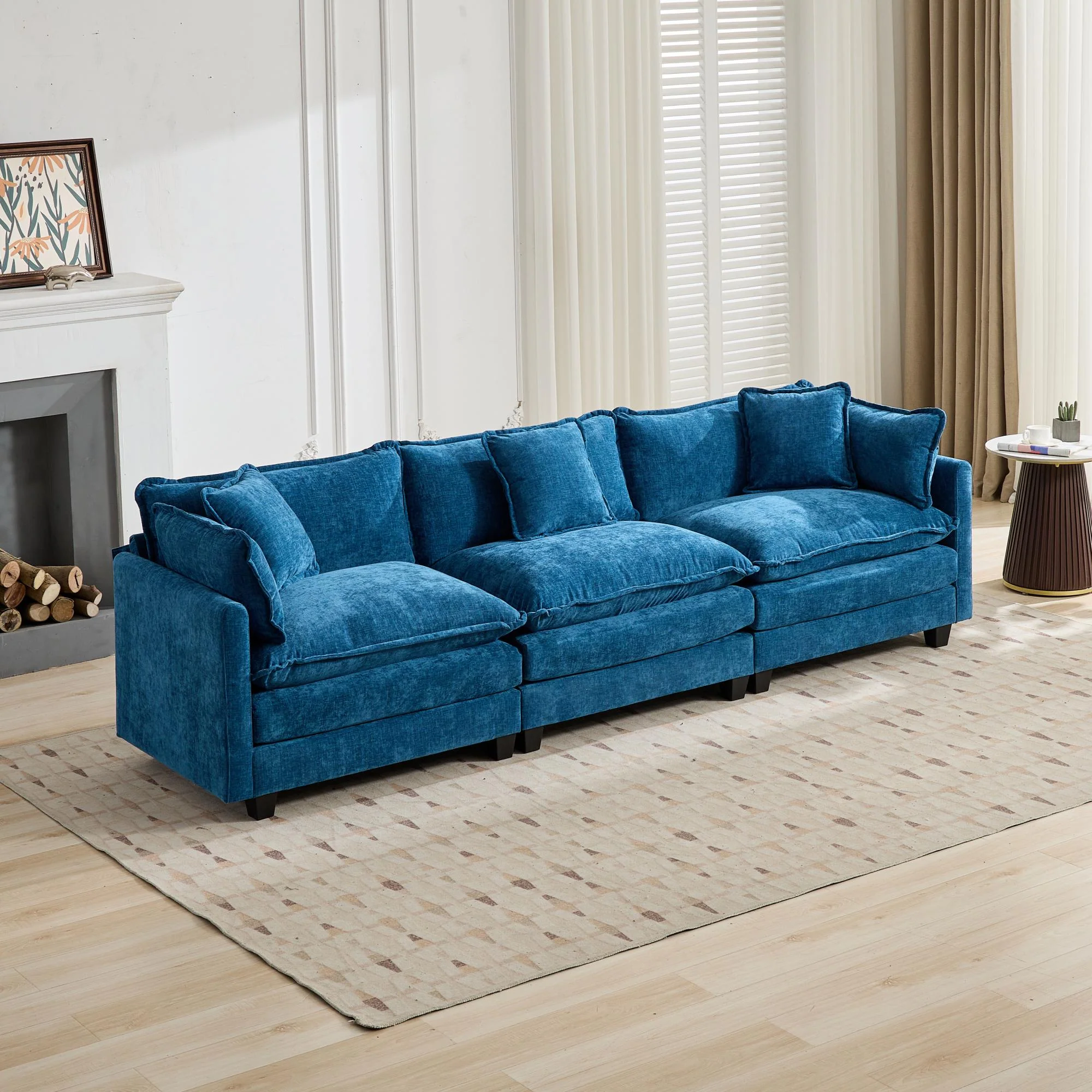 Cloud Sofa 3 Seats Modern Sectional Couch with Double Layer Upholstered Cushion, Blue Chenille Fabric - Image 4