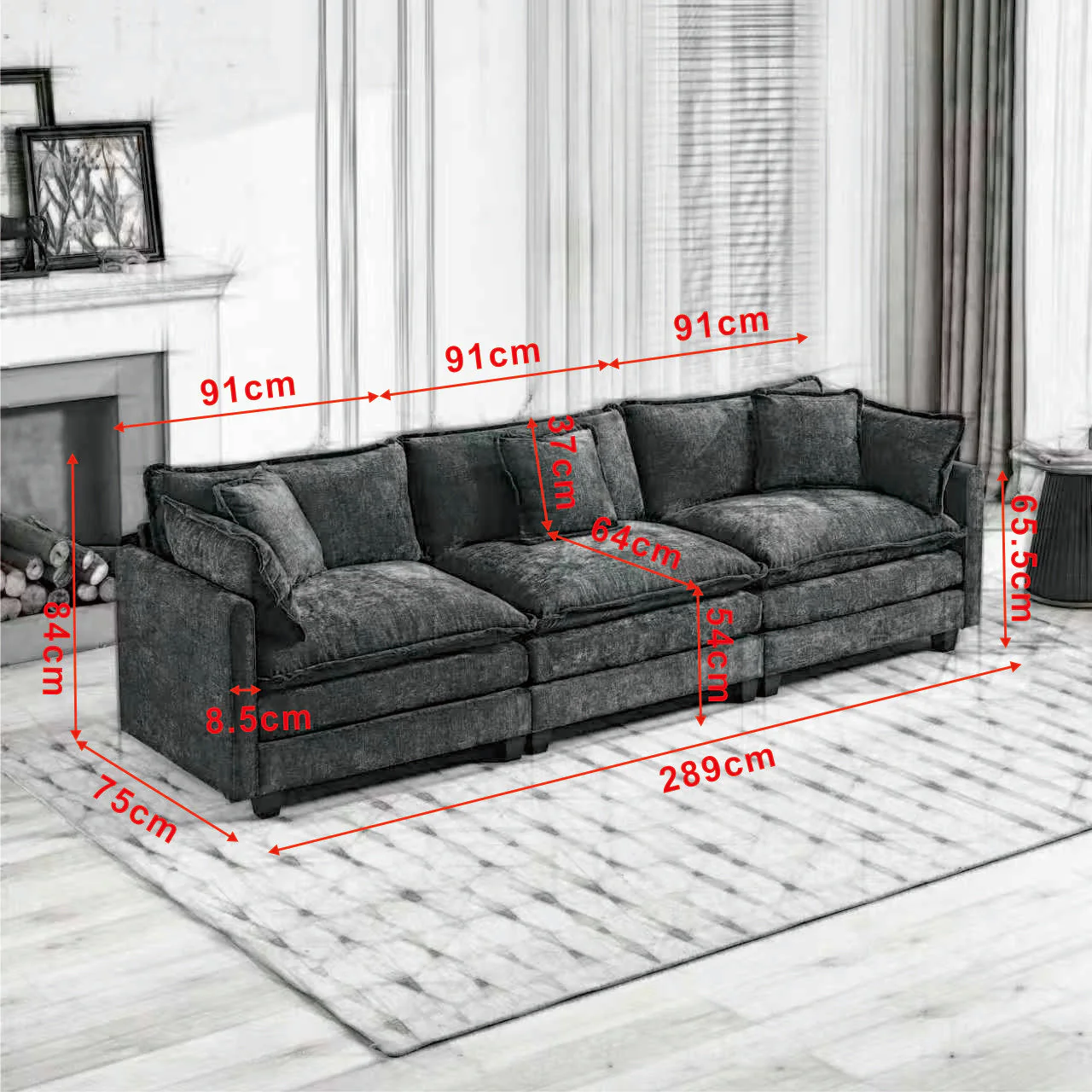 Cloud Sofa 3 Seats Modern Sectional Couch with Double Layer Upholstered Cushion, Blue Chenille Fabric - Image 5