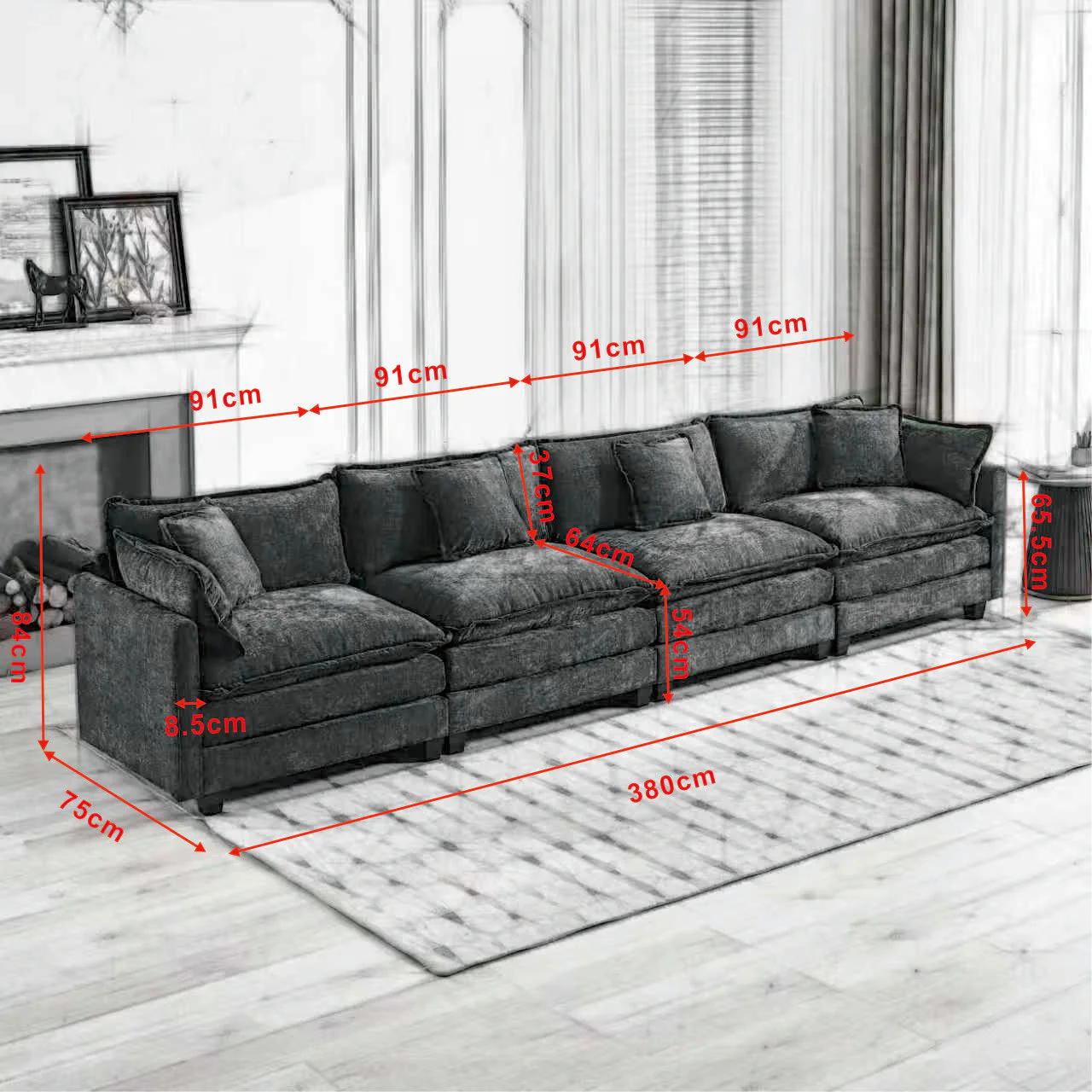 Cloud Sofa 4 Seats, Modern Modular Sectional Couch with Double Layer Upholstered Cushions, Green Chenille Fabric - Image 5