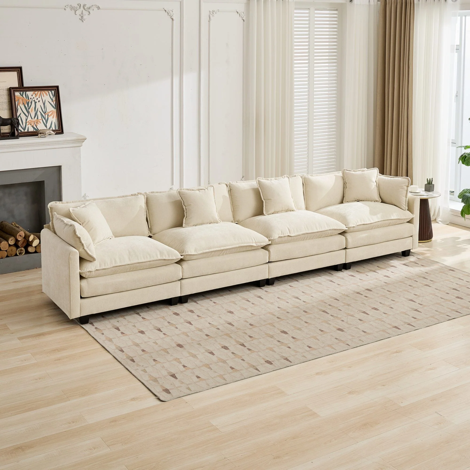 Cloud Sofa 4 Seats, Modern Sectional Couch with Double Layer Cushion, Beige Chenille Fabric - Image 4