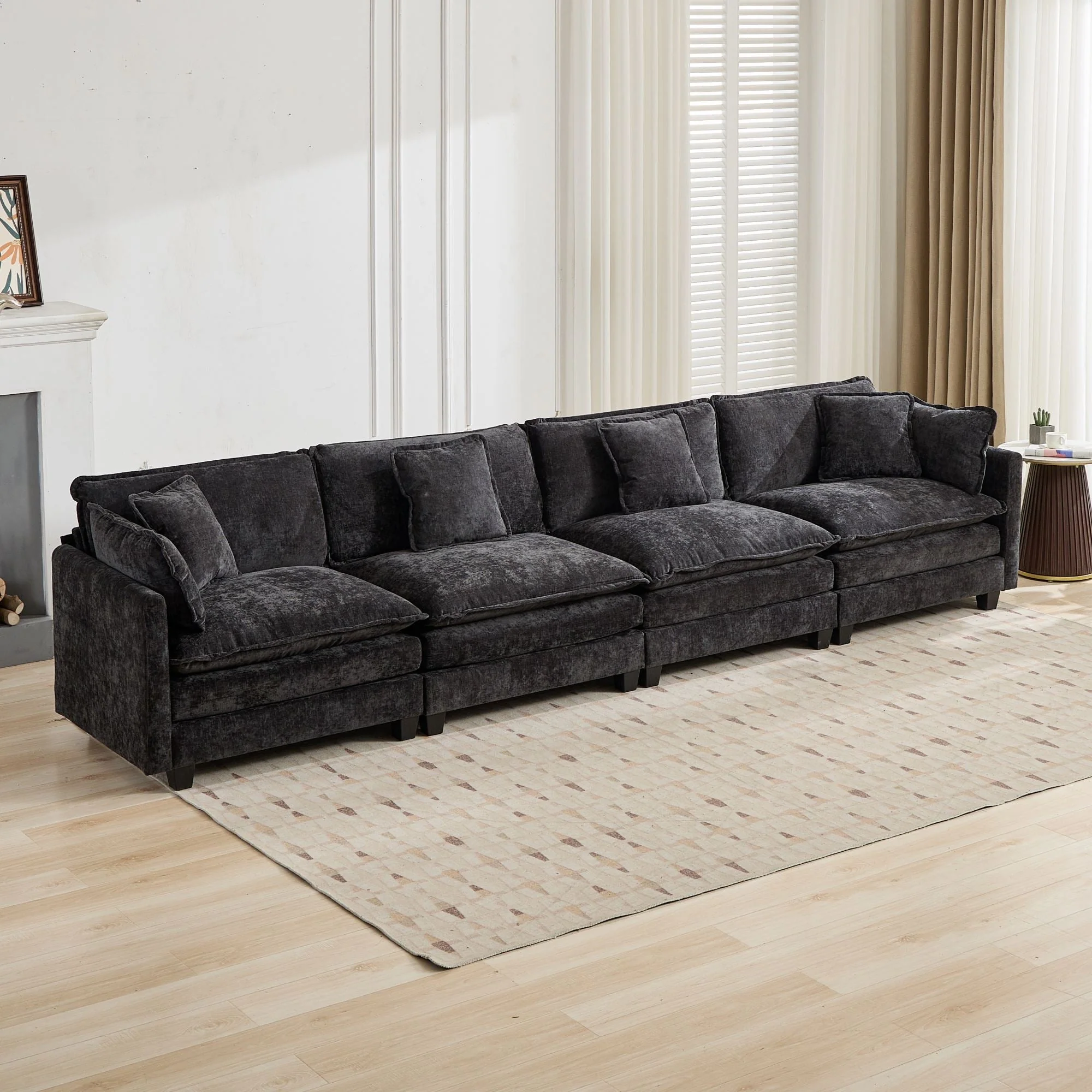 Cloud Sofa 4 Seats, Modern Sectional Couch with Double Layer Cushions, Black Chenille Fabric - Image 4