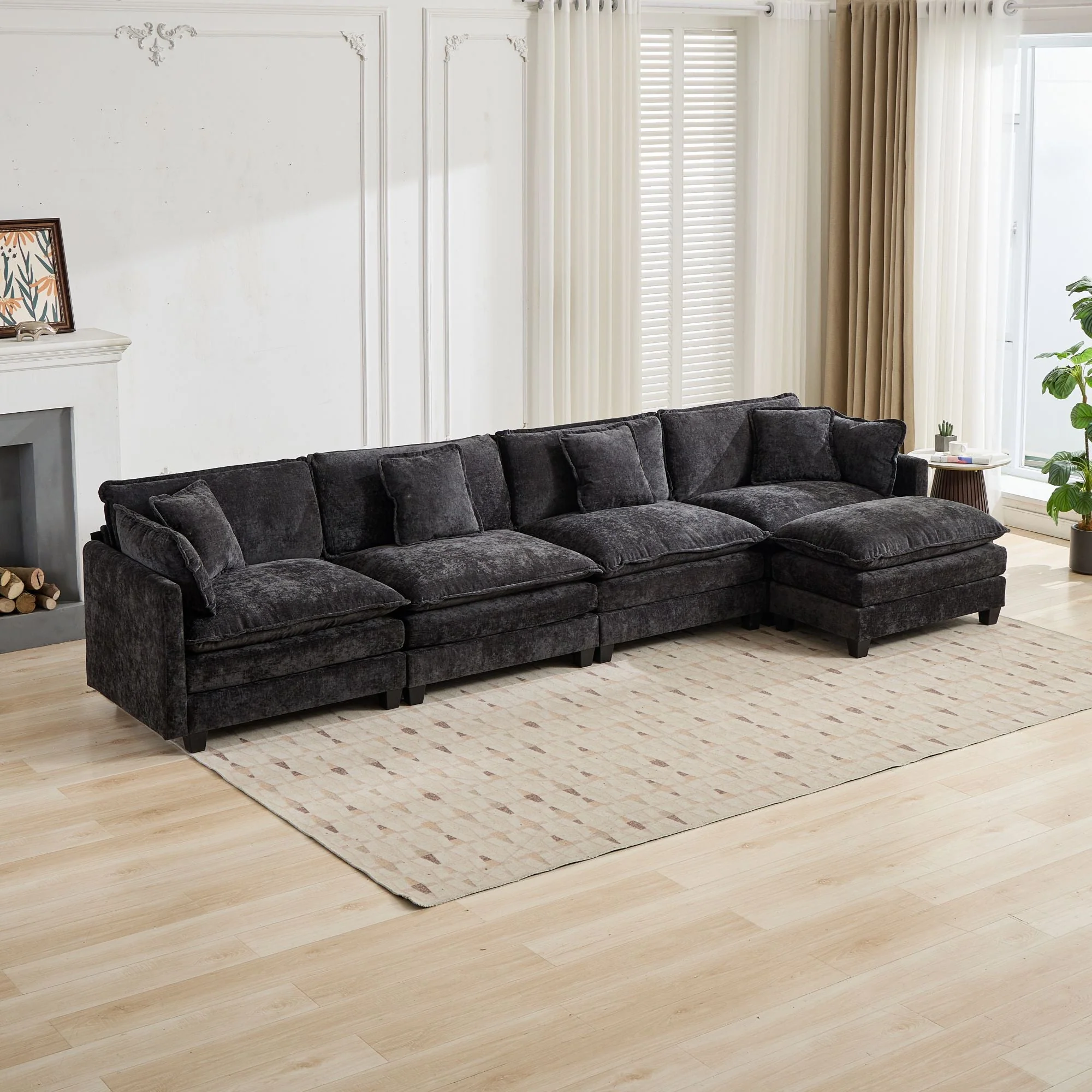 Cloud Sofa 4 Seats, Modern Sectional Couch with Double Layer Cushions, Black Chenille Fabric - Image 9