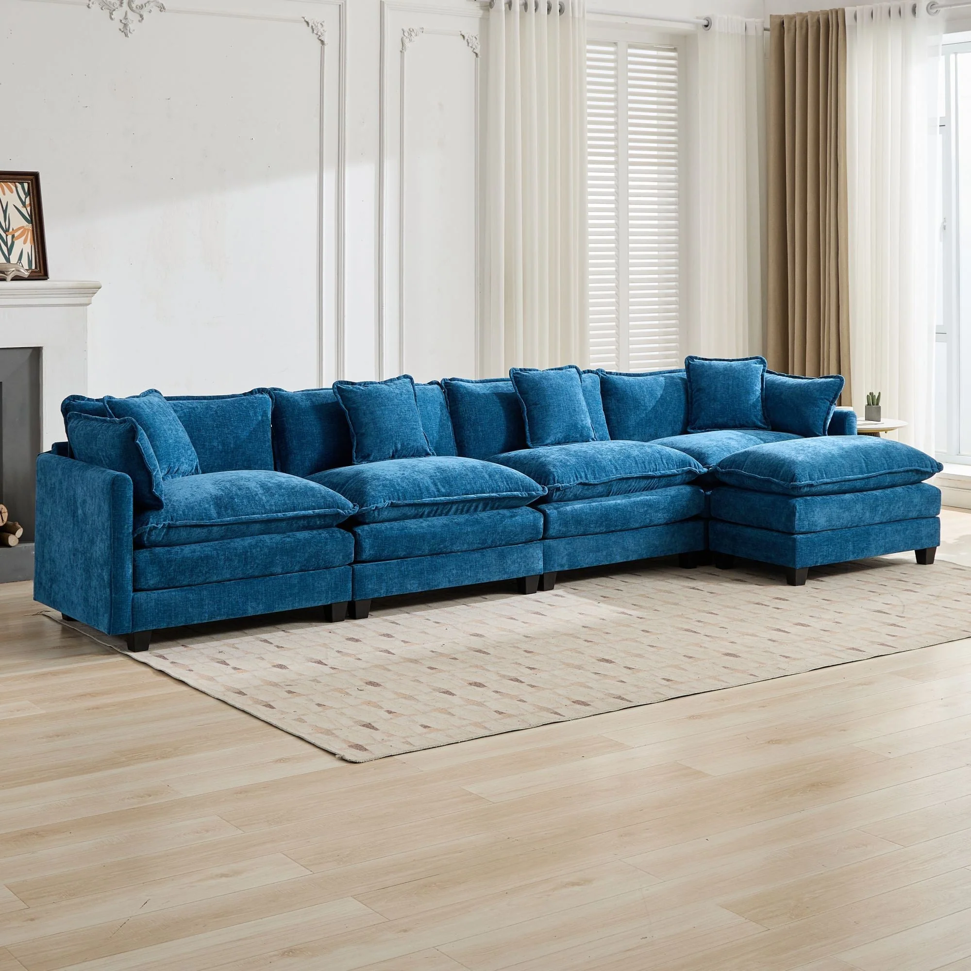 Cloud Sofa 4 Seats Sectional Couch with Double Layer Upholstered Cushion, Blue Chenille Fabric - Image 8