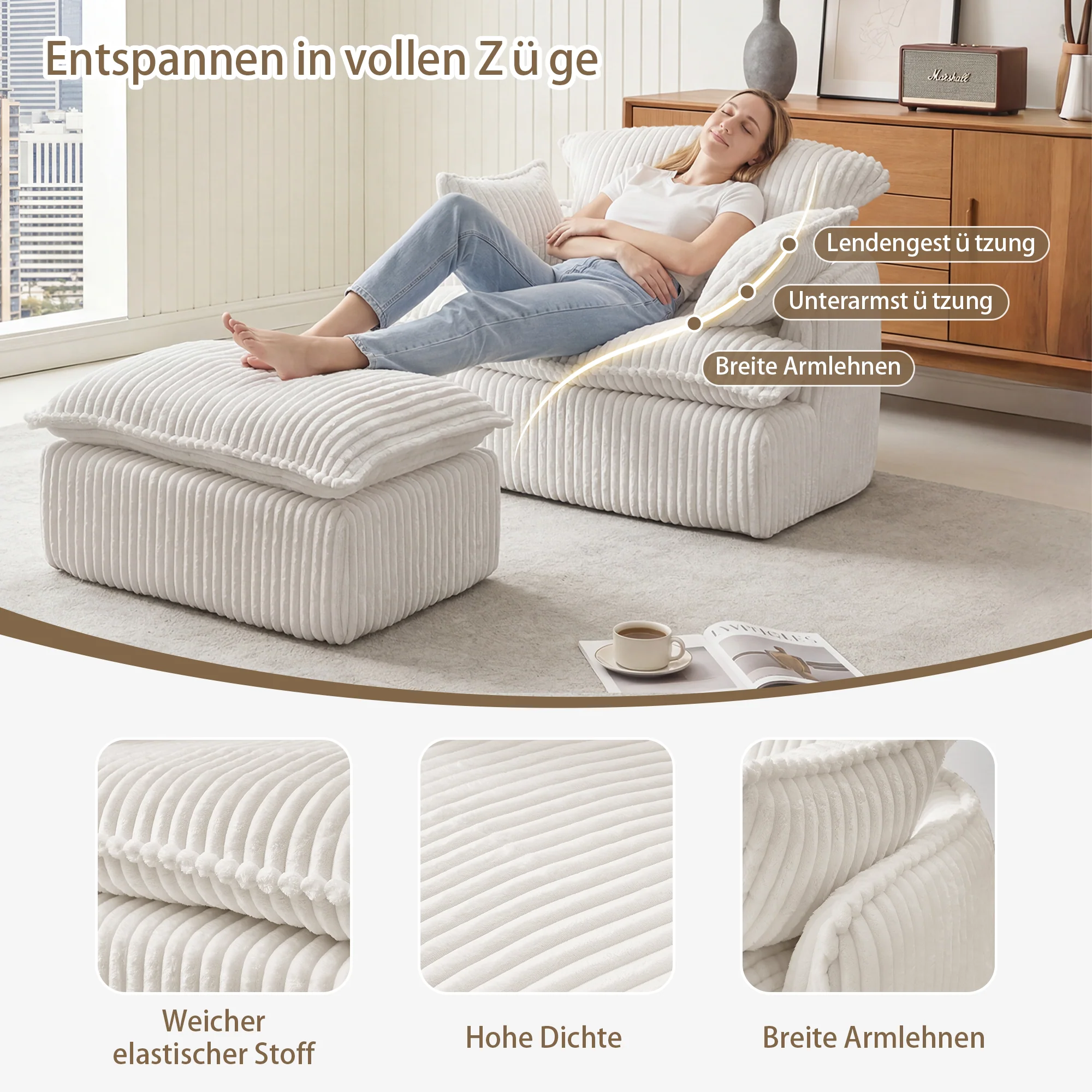 Cloud Sofa Armchair with Footstool, Compact Convertible Armchair for Small Spaces, Soft Corduroy Fabric - Image 3