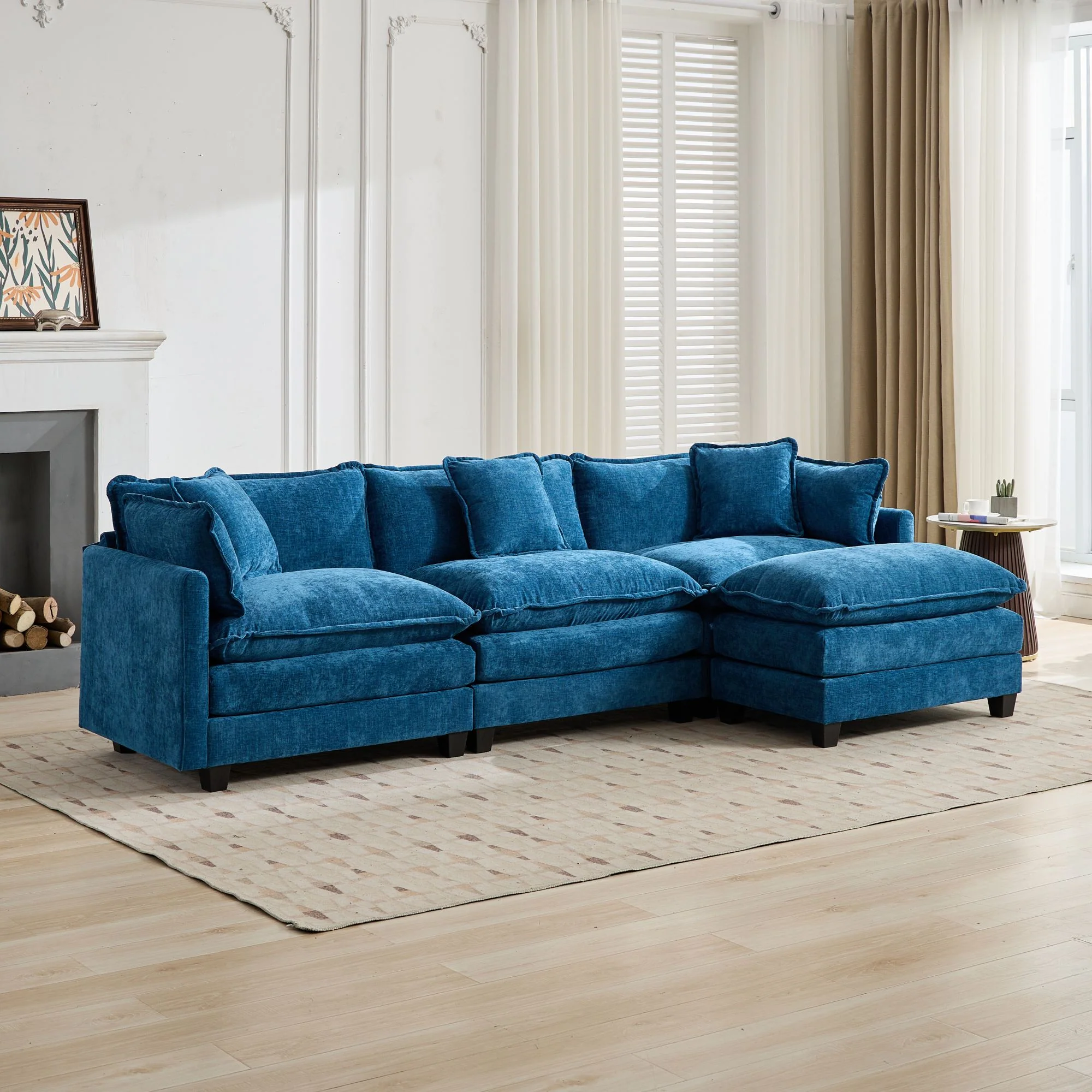 Cloud Sofa Ottoman - Modern Double Layer Upholstered Cushion - Chenille Blue - Image 6