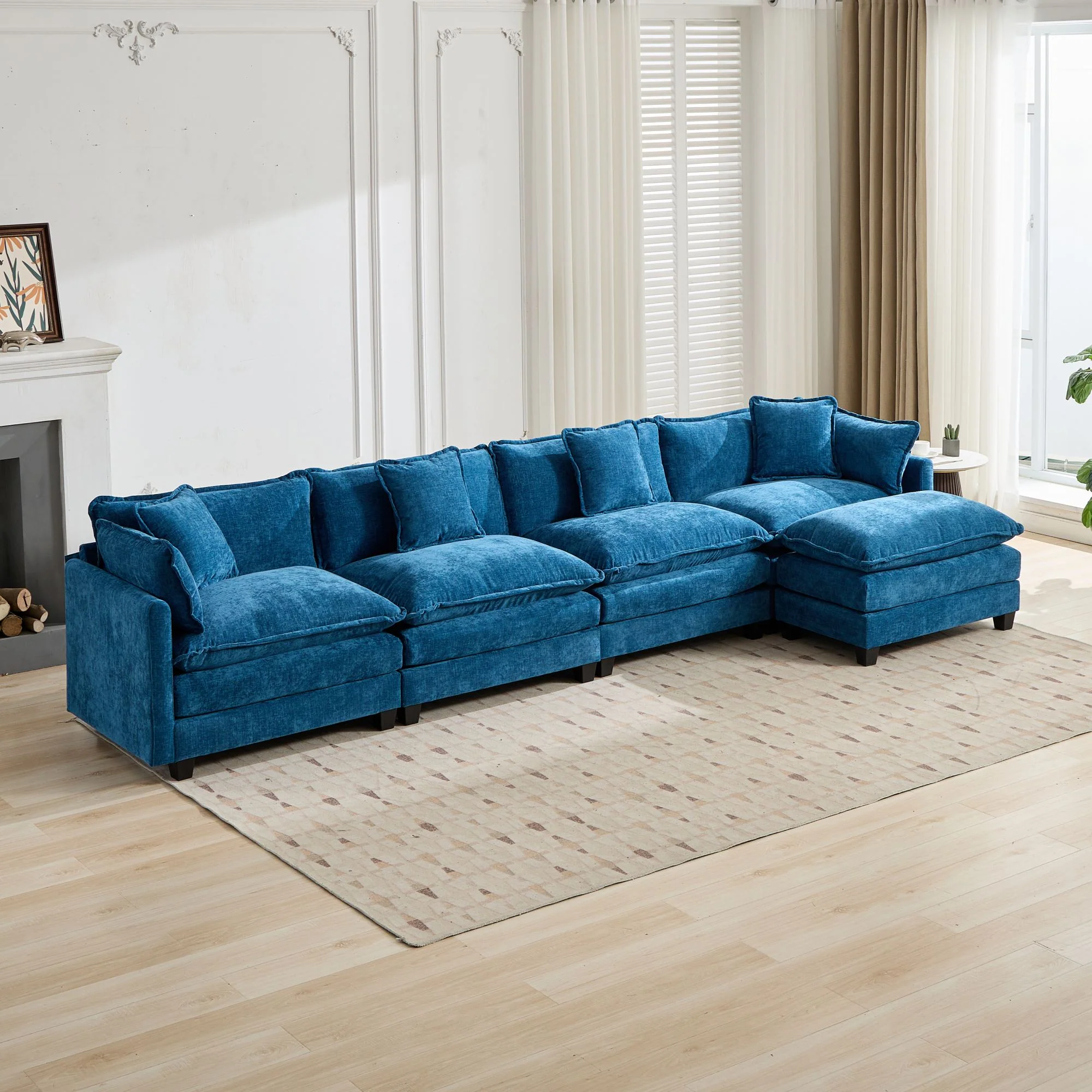 Cloud Sofa Ottoman - Modern Double Layer Upholstered Cushion - Chenille Blue - Image 7