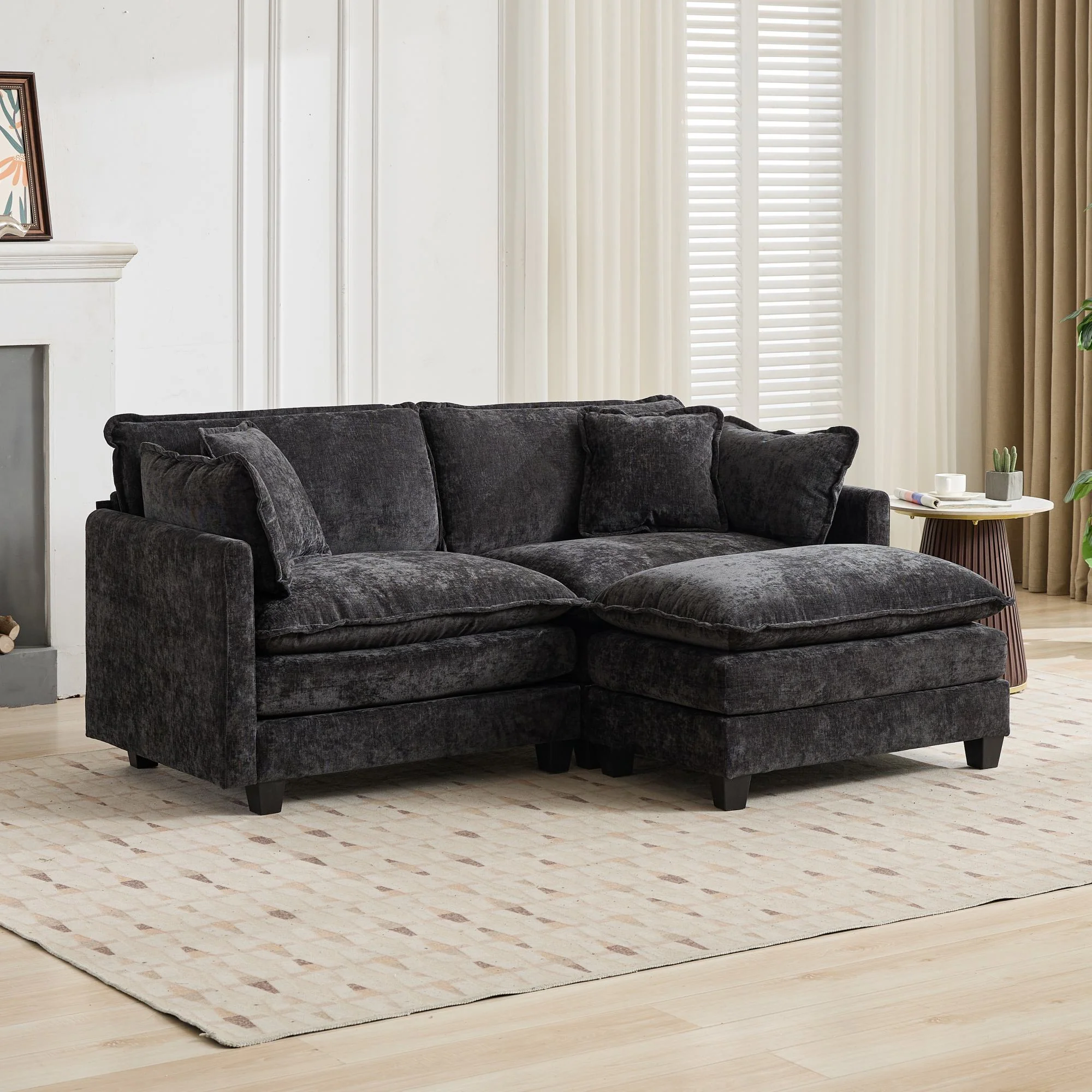 Cloud Sofa Ottoman - Modern Sectional Double Layer Cushion - Black Chenille - Image 5