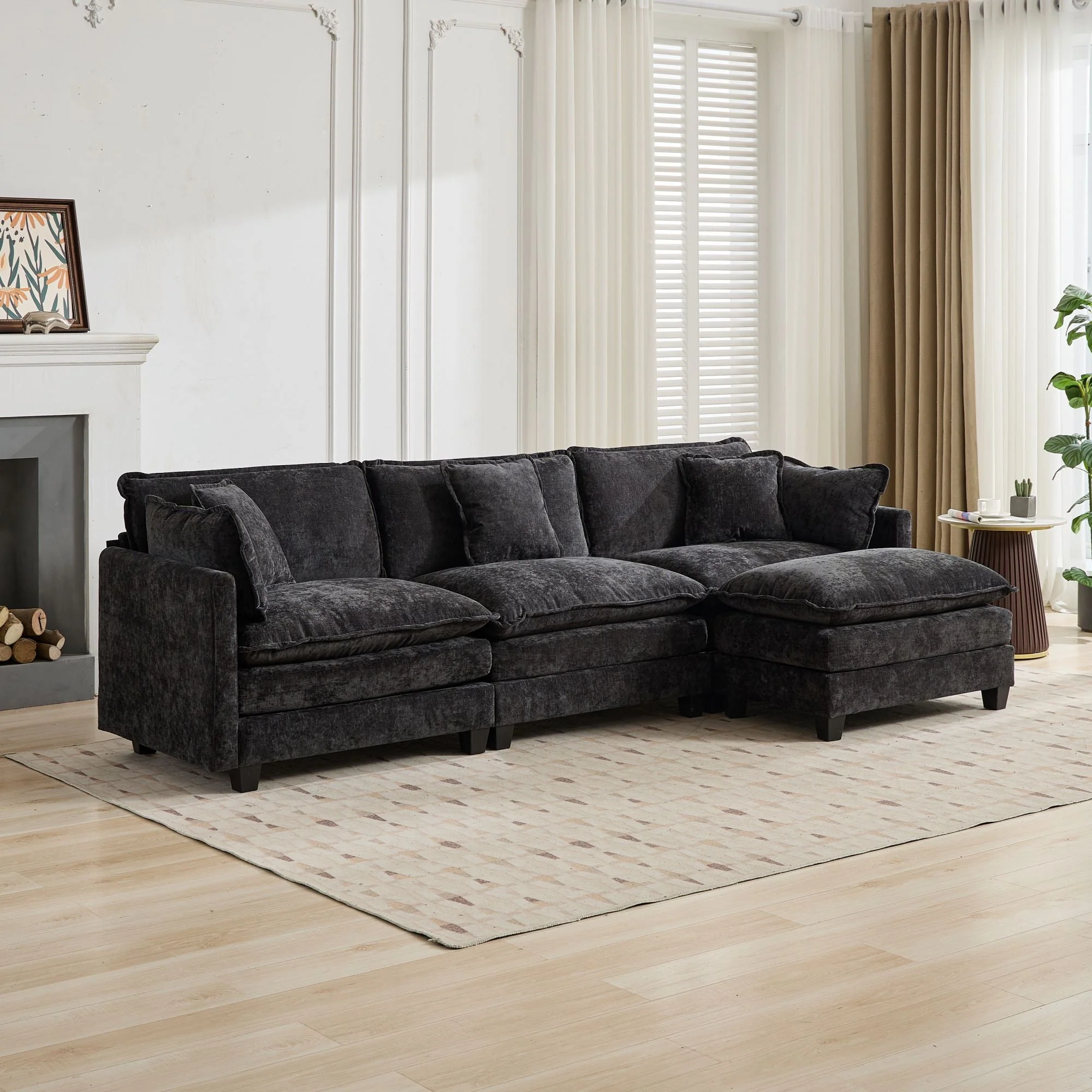 Cloud Sofa Ottoman - Modern Sectional Double Layer Cushion - Black Chenille - Image 6