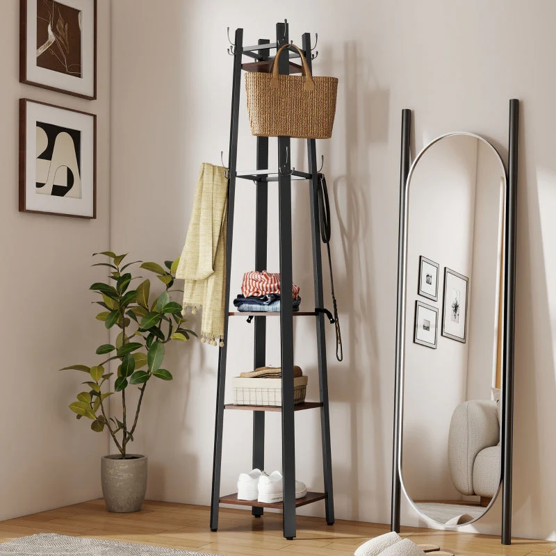 Coat Rack, 4-Tier Freestanding with 8 Hooks and 4 Shelves, Industrial Style, Brown - Image 8