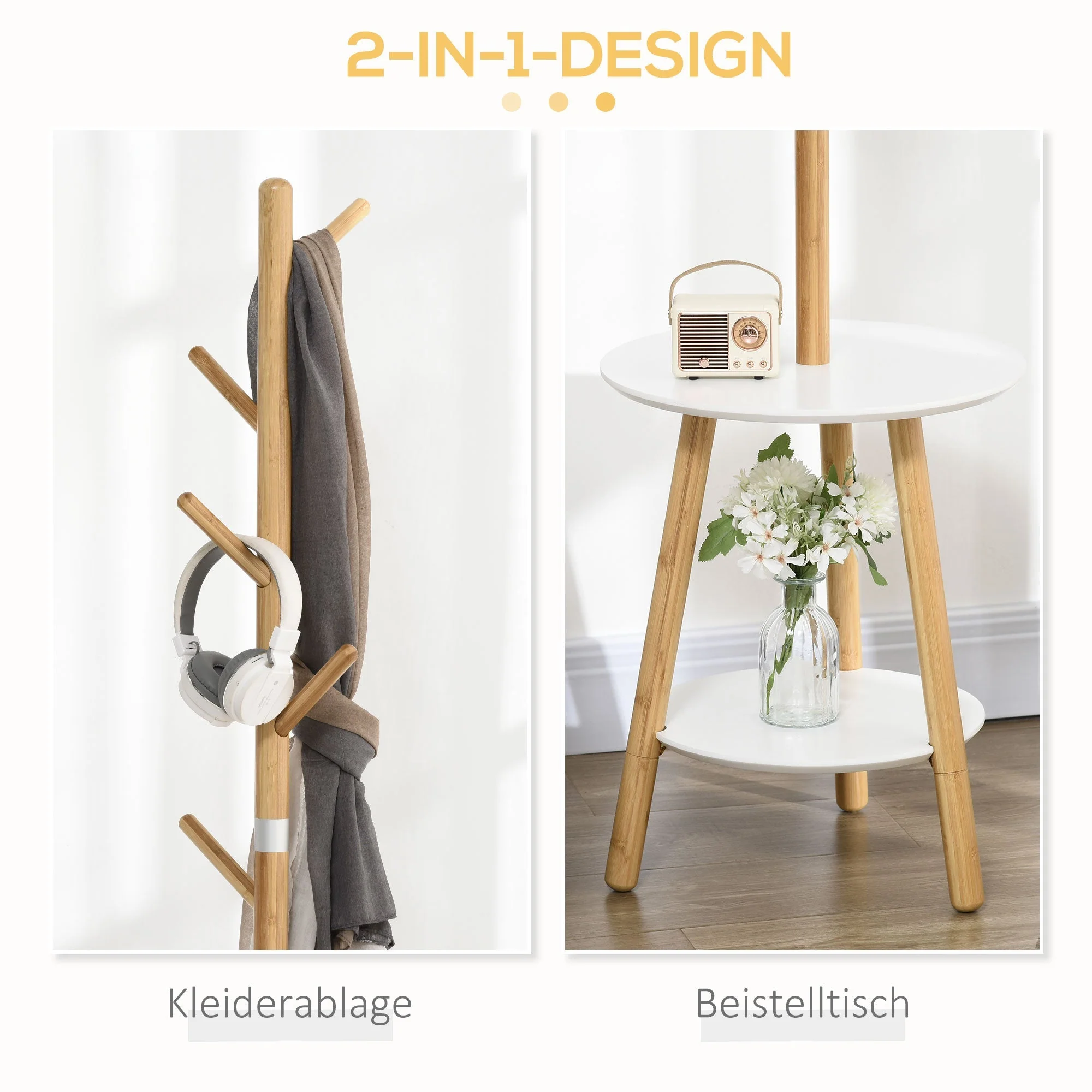 Coat Rack, 5 Hooks, Side Table, 171cm, Natural White - Image 5