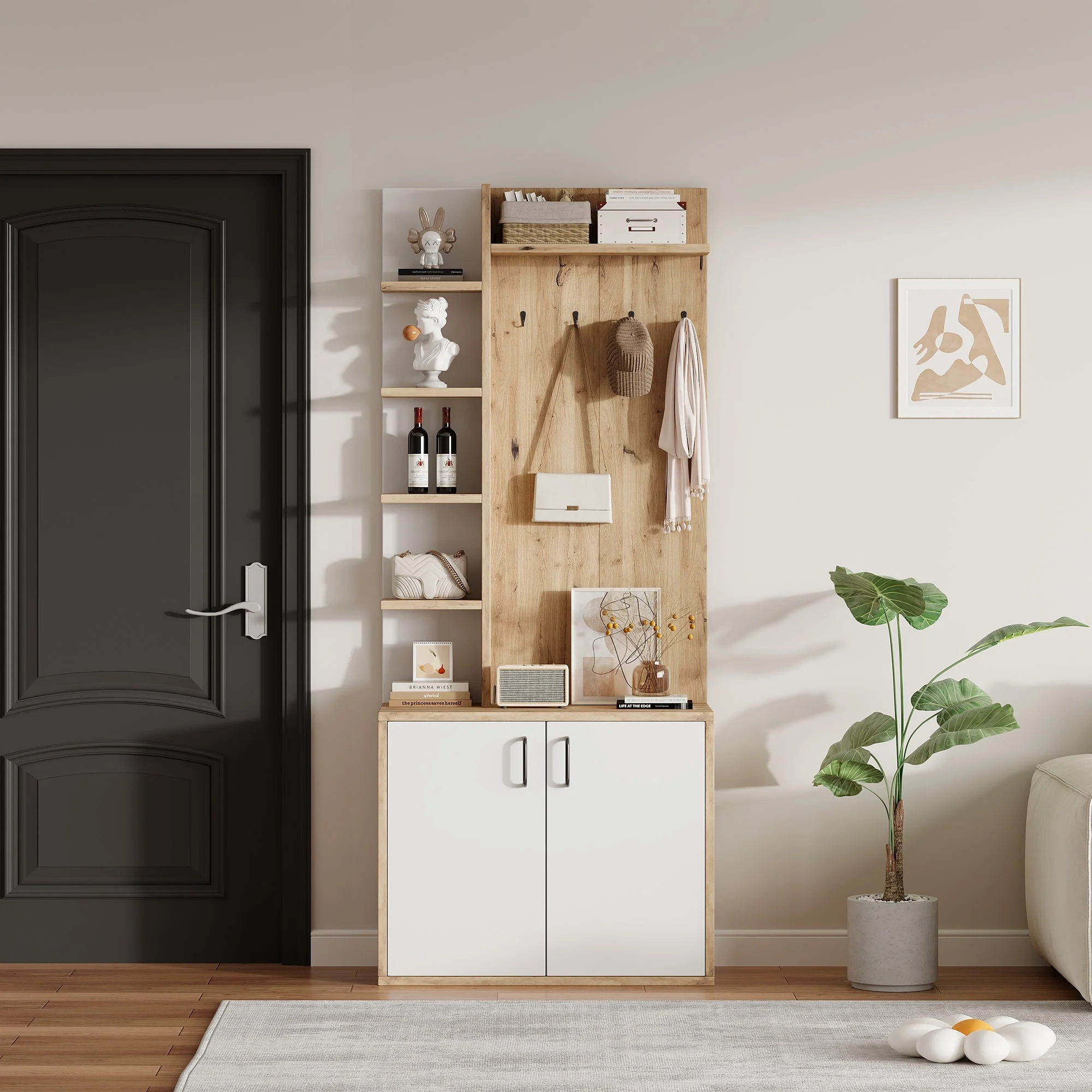 Coat Rack, 75x33x180cm Wardrobe, Shoe Storage & Hooks, Wood & White - Image 2