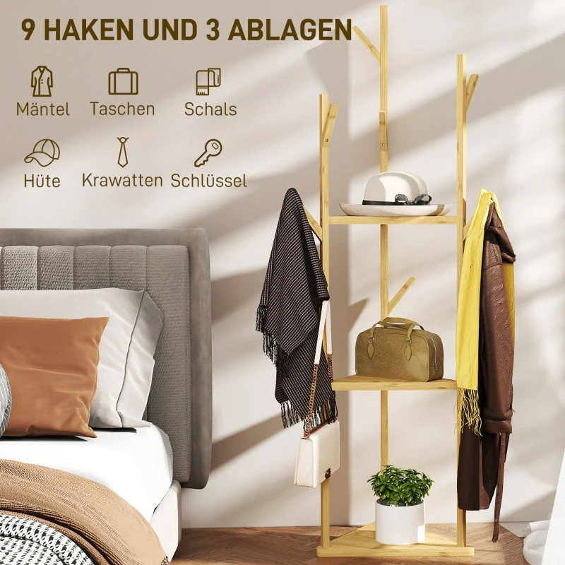 Coat Rack, 8 Hooks, 3 Tiers, Bamboo, Natural - Image 4