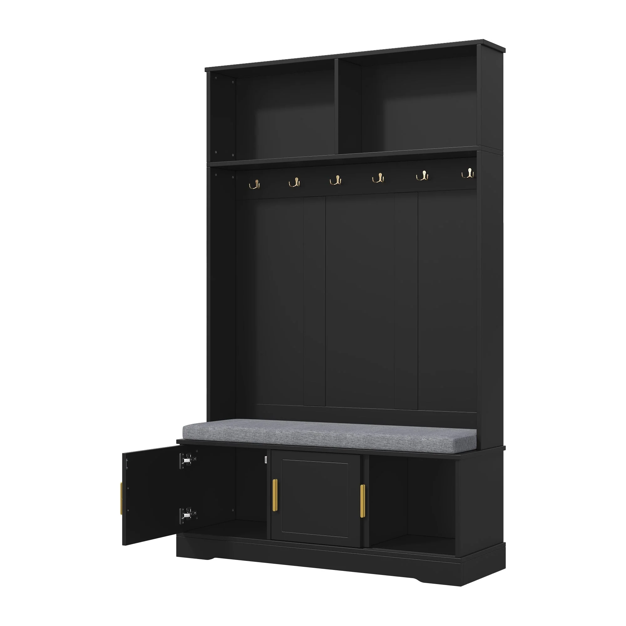 Coat rack with shoe bench wardrobe, 6 triple hooks, freestanding, space-saving, black - Image 11