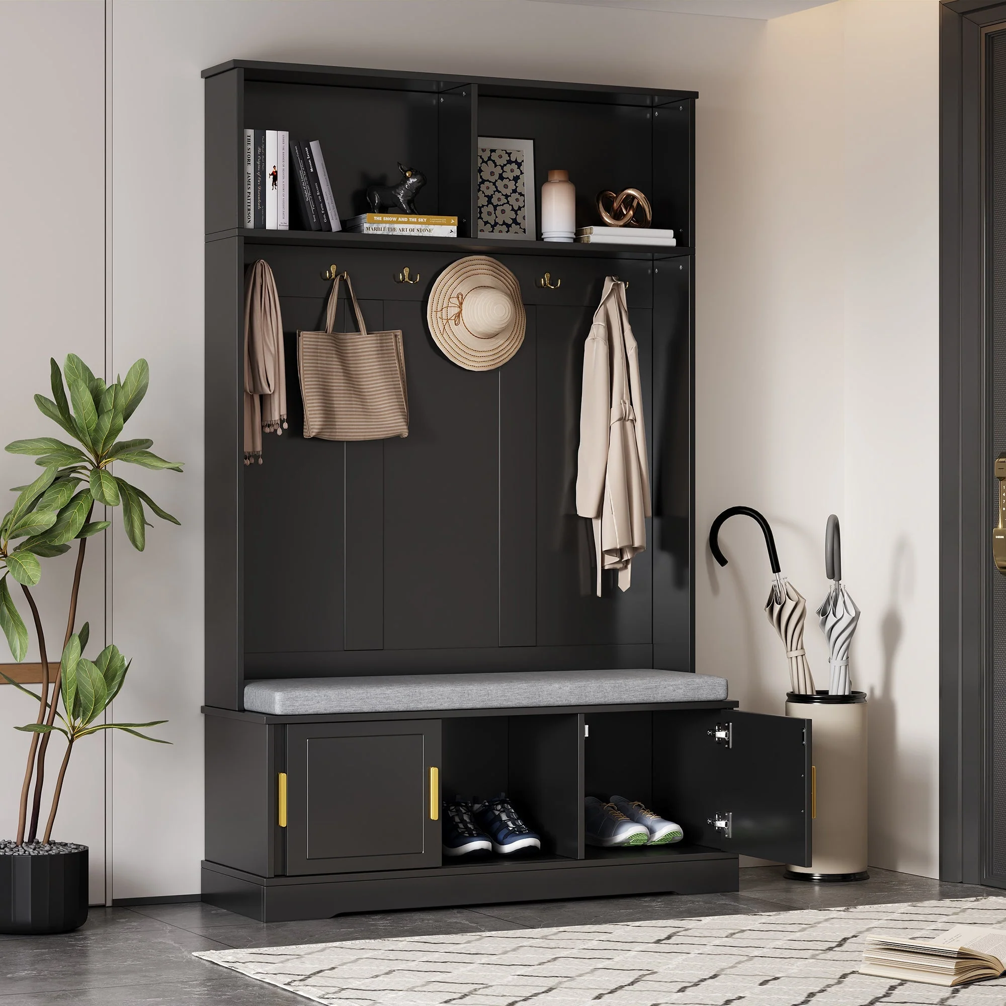 Coat rack with shoe bench wardrobe, 6 triple hooks, freestanding, space-saving, black - Image 4