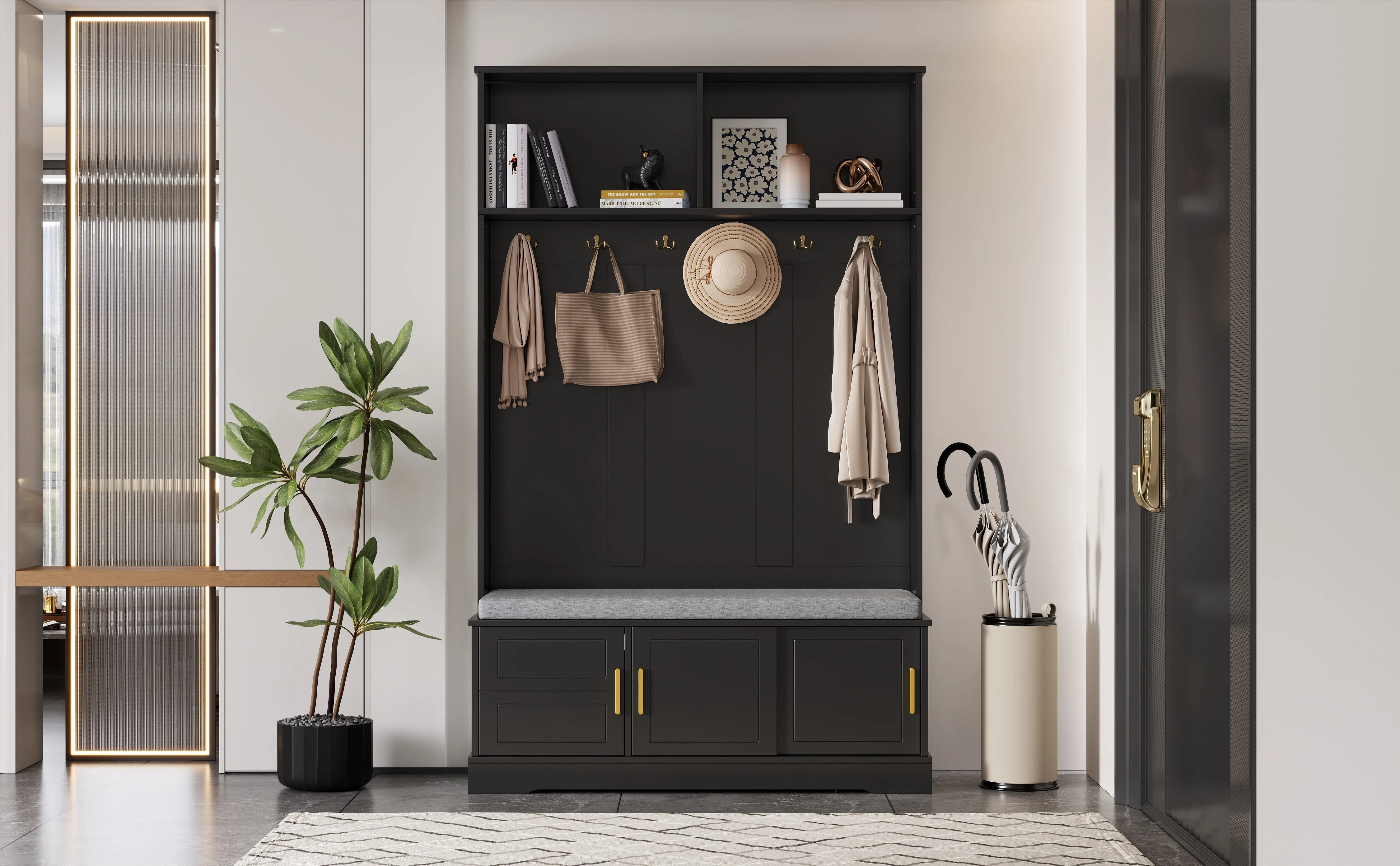 Coat rack with shoe bench wardrobe, 6 triple hooks, freestanding, space-saving, black - Image 6