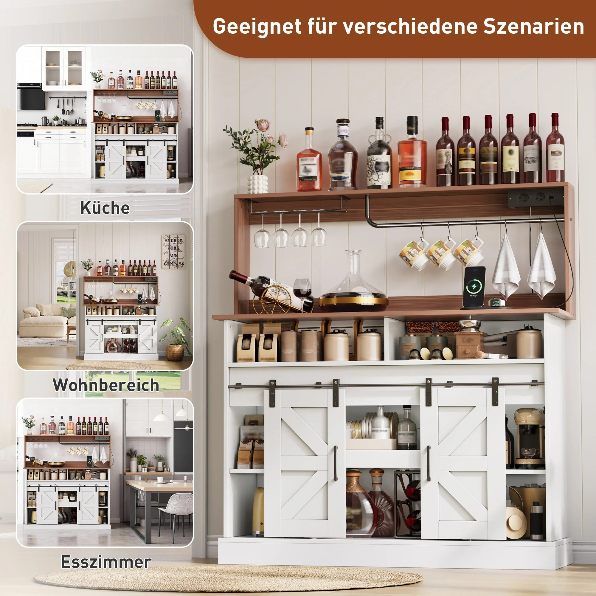 Coffee Bar Sideboard 120cm Glass Holder Power Outlets Sliding Doors - Country Style - Image 3