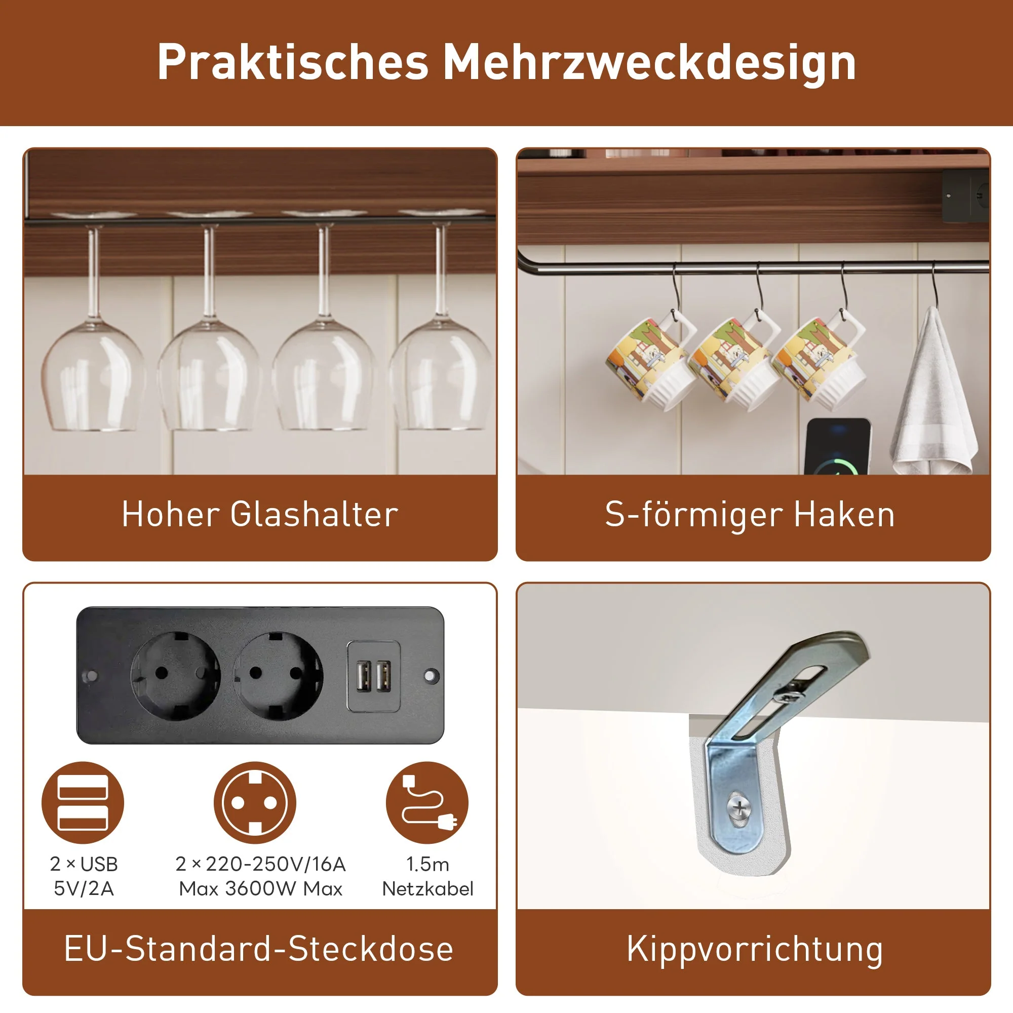 Coffee Bar Sideboard 120cm Glass Holder Power Outlets Sliding Doors - Country Style - Image 4