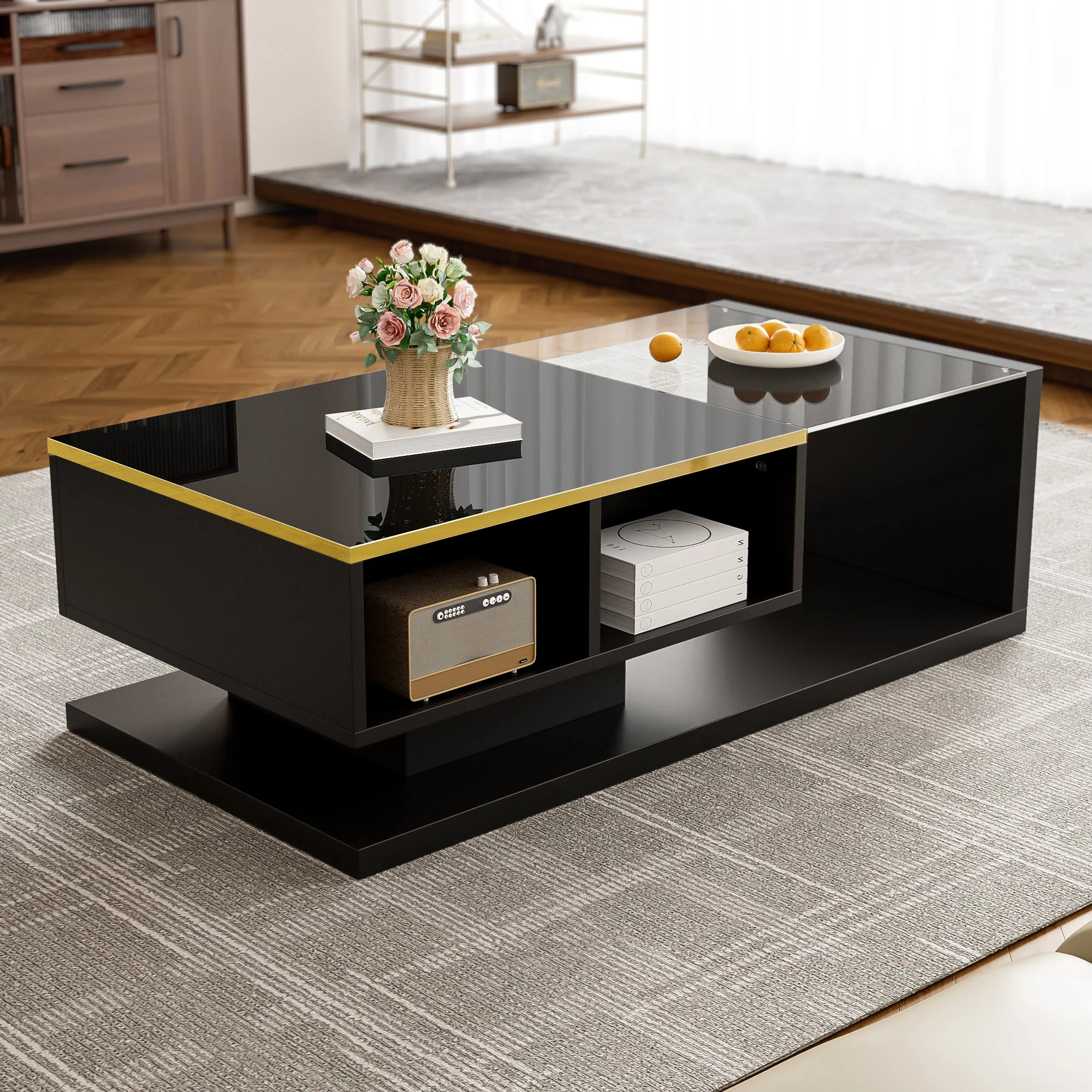 Coffee Table 100cm Long Glass LED Effect High-Gloss Black - Image 8