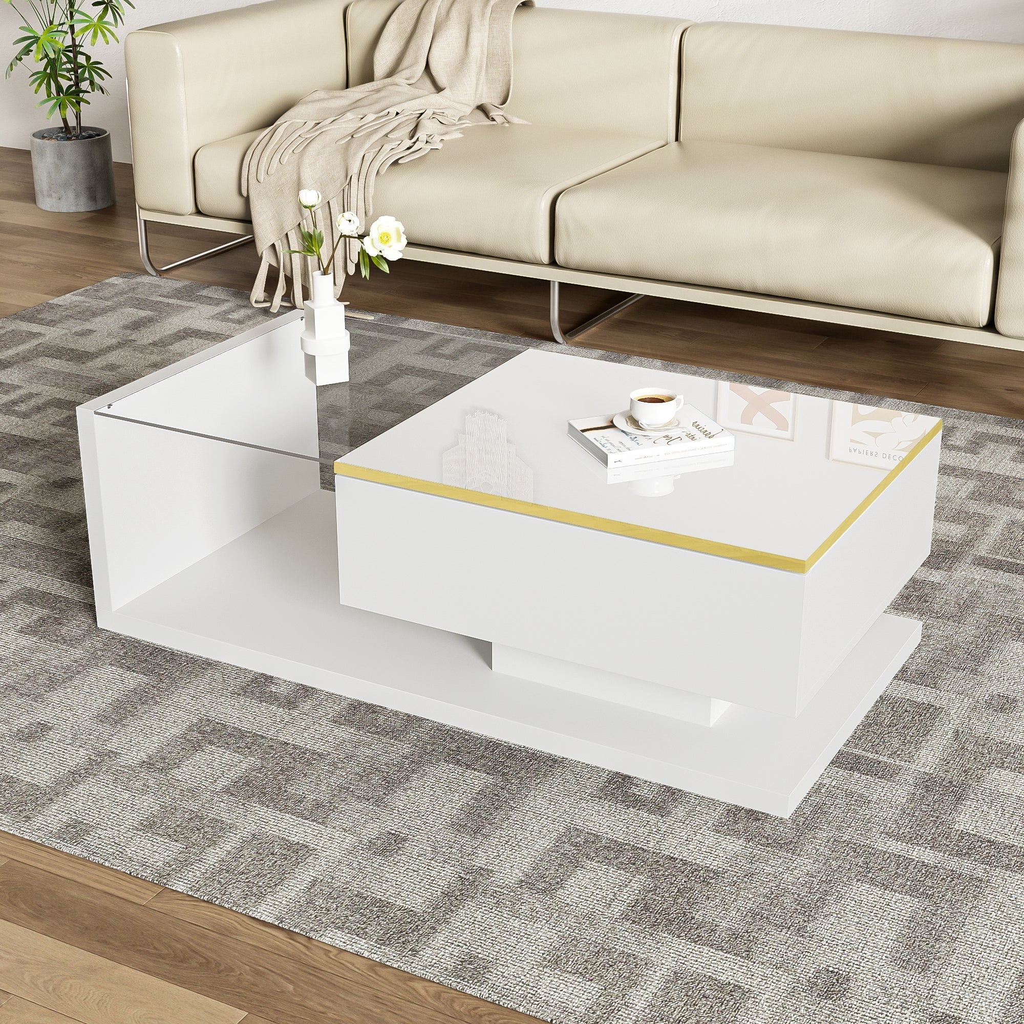Coffee Table 100cm Long Glass LED Effect High-Gloss White - Image 3