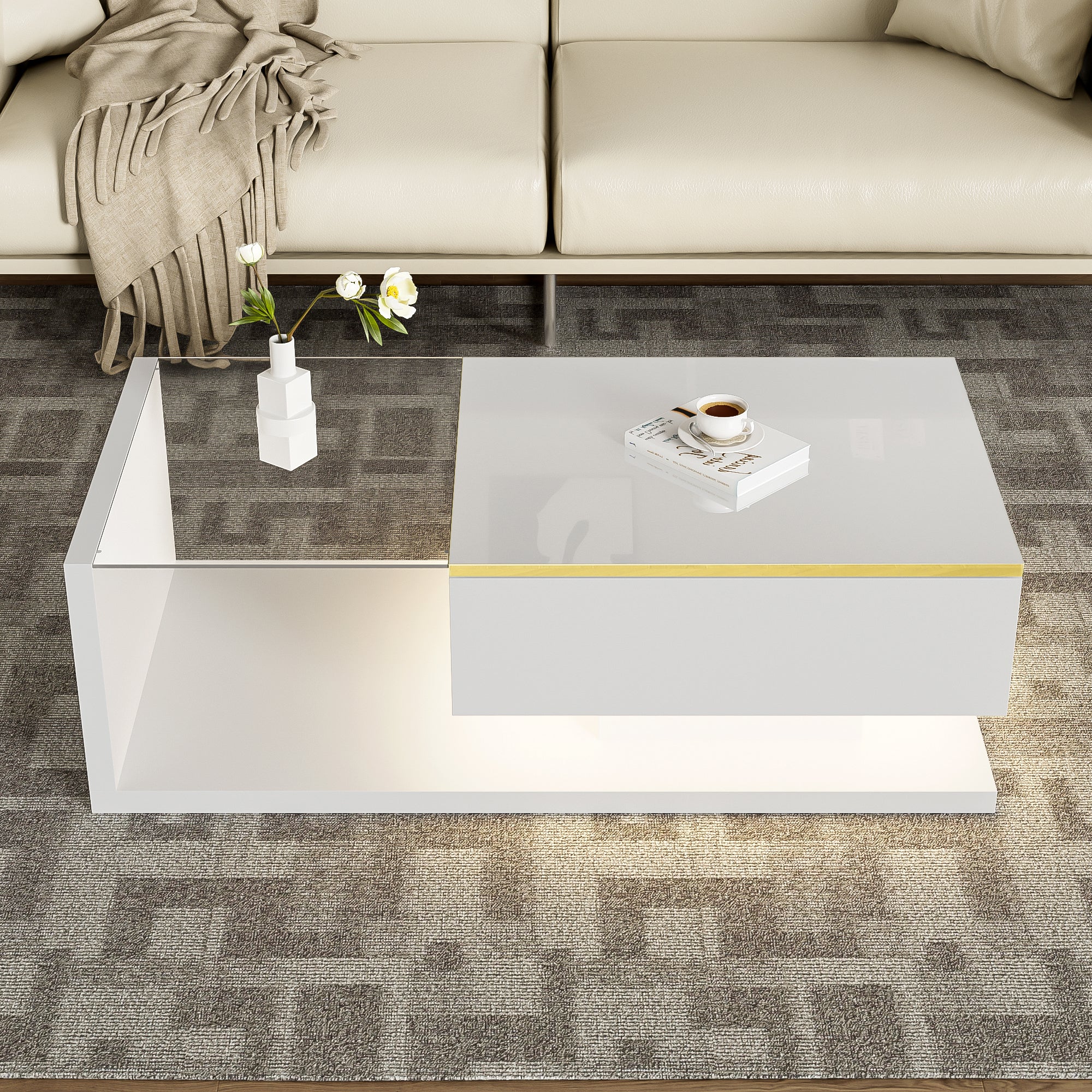 Coffee Table 100cm Long Glass LED Effect High-Gloss White - Image 4