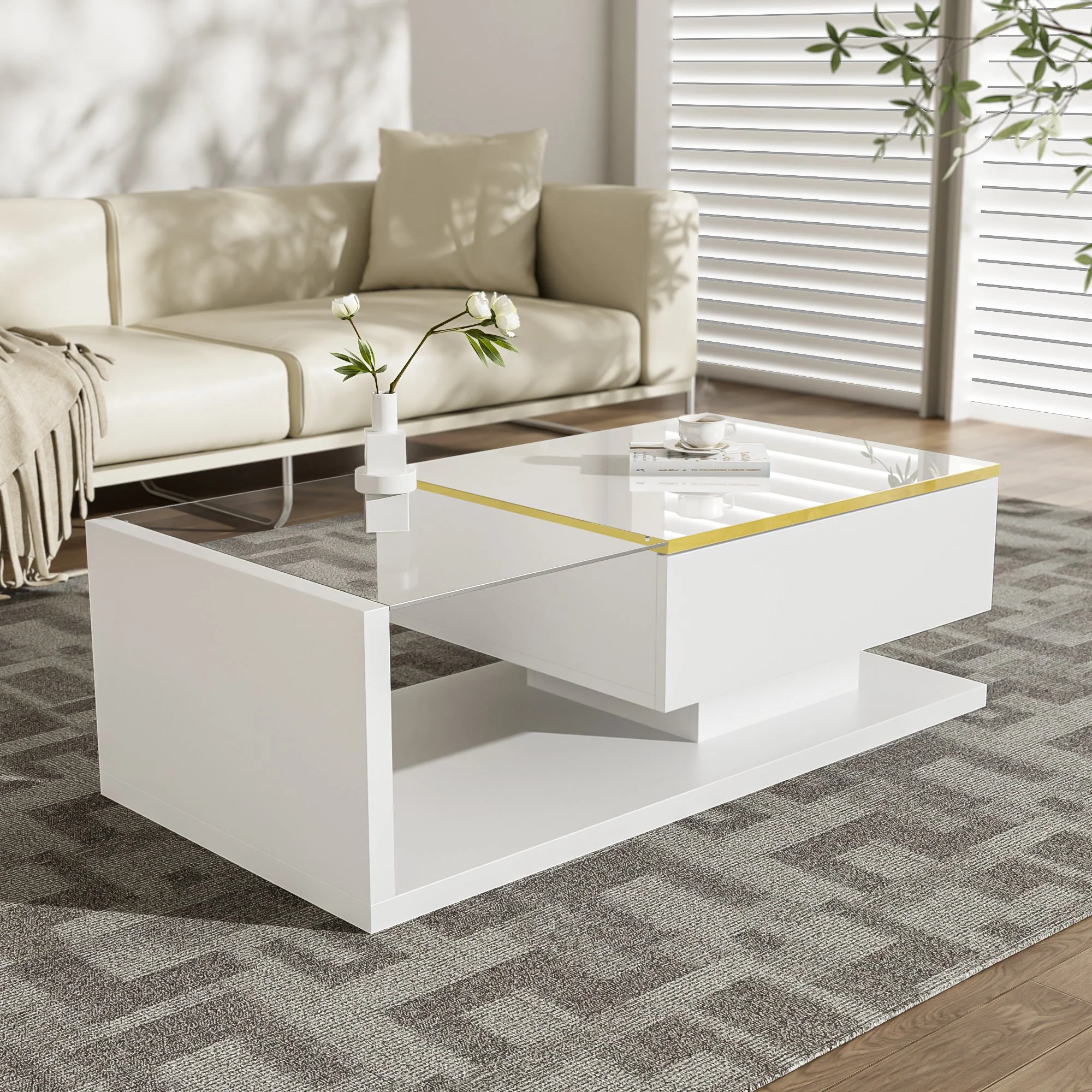 Coffee Table 100cm Long Glass LED Effect High-Gloss White - Image 6