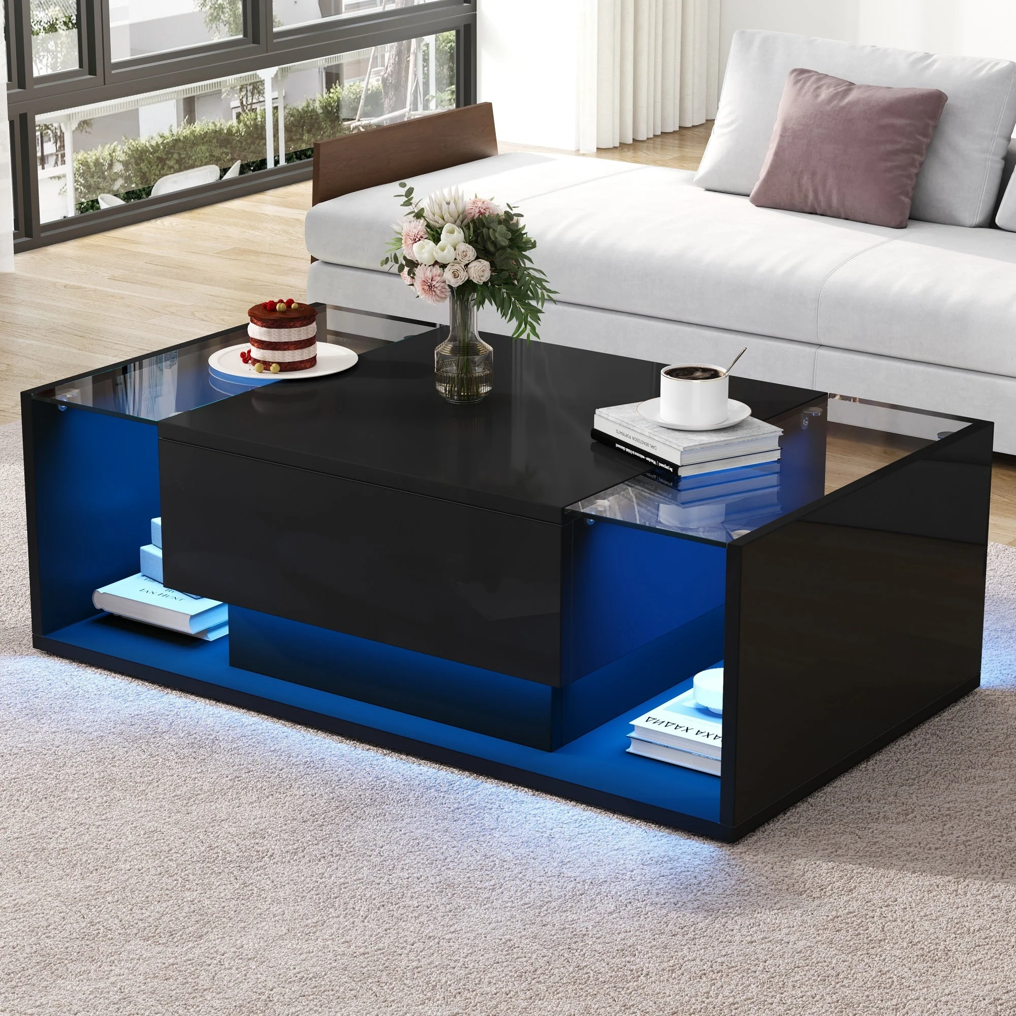 Coffee Table 100x50x31cm Drawer LED Light Tempered Glass, High-Gloss Black - Image 2