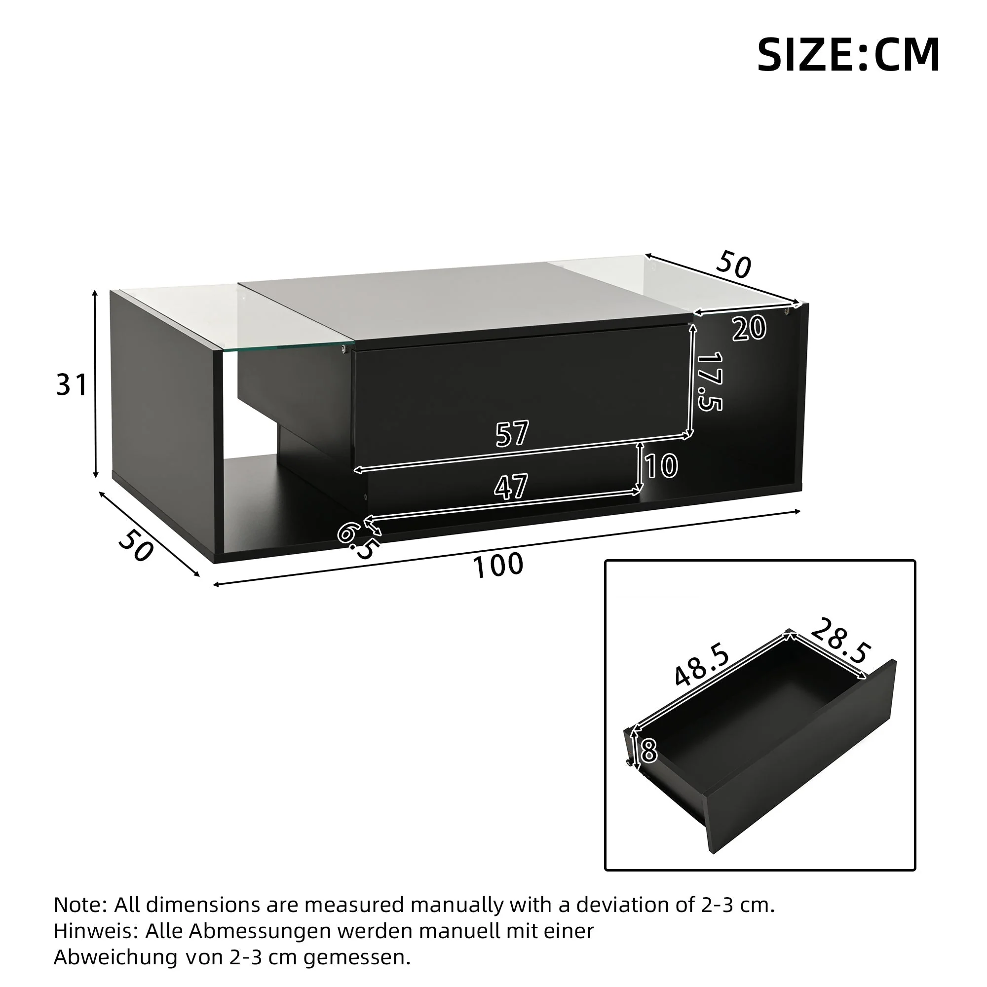 Coffee Table 100x50x31cm Drawer LED Light Tempered Glass, High-Gloss Black - Image 7